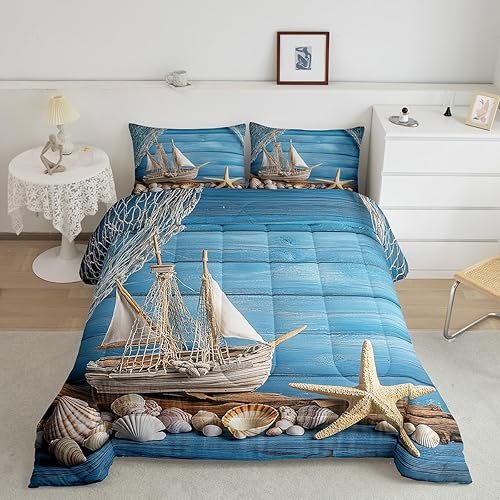 Miniatura 2 de Erosebridal Juego de edredón náutico para niños, juego de ropa de cama de pesca rústica, cabaña costera, cabaña, velero, concha acolchada con 2