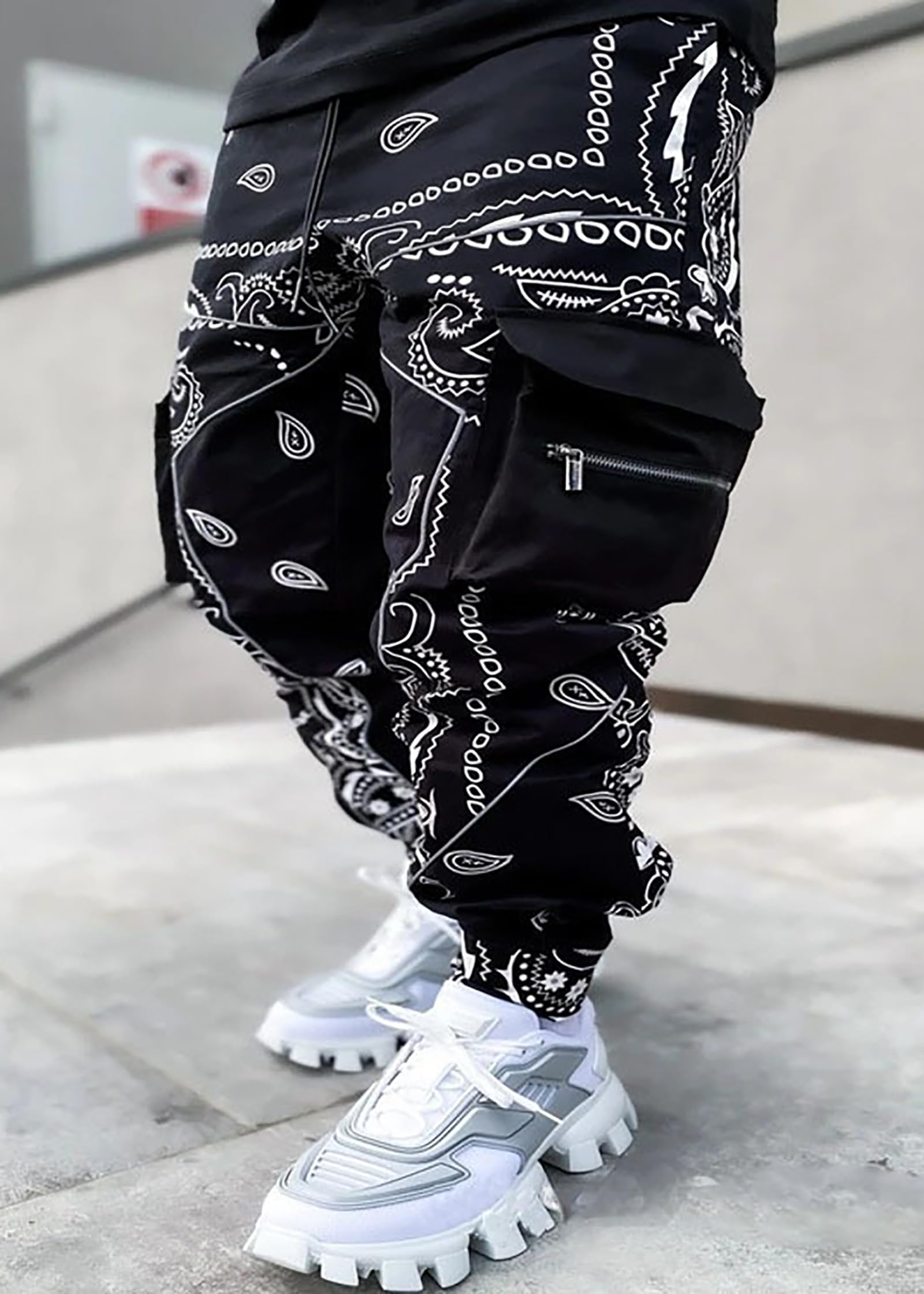 Men's Paisley Pants Cargo Jogger Hip Hop Workout Punk Pants Bandana Techwear Streetwear Sweatpants(Black Medium)
