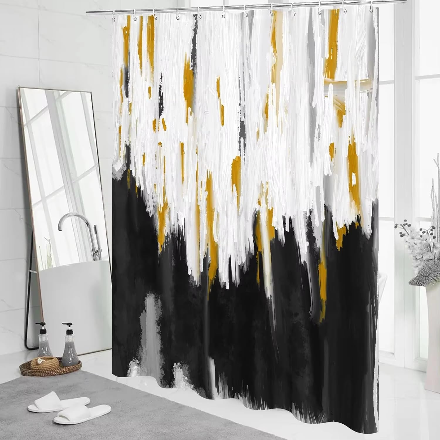 Abstrakter Duschvorhang in Schwarz und Gold für modernes Badezimmerdekor, Graffiti-Retro-Stoff-Badezimmervorhang 260 x 220 cm (B x H)