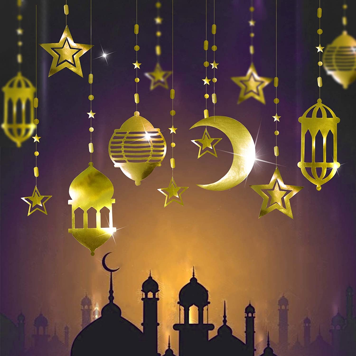 FUSU 16pcs Islamic Gold Star Crescent Moon Lantern Ramadan Garland EID Decoration Home Happy Ramadan Mubarak Party Decor Hanging Streamer Wedding Backdrop Banner Aladdin Birthday Party Supplies