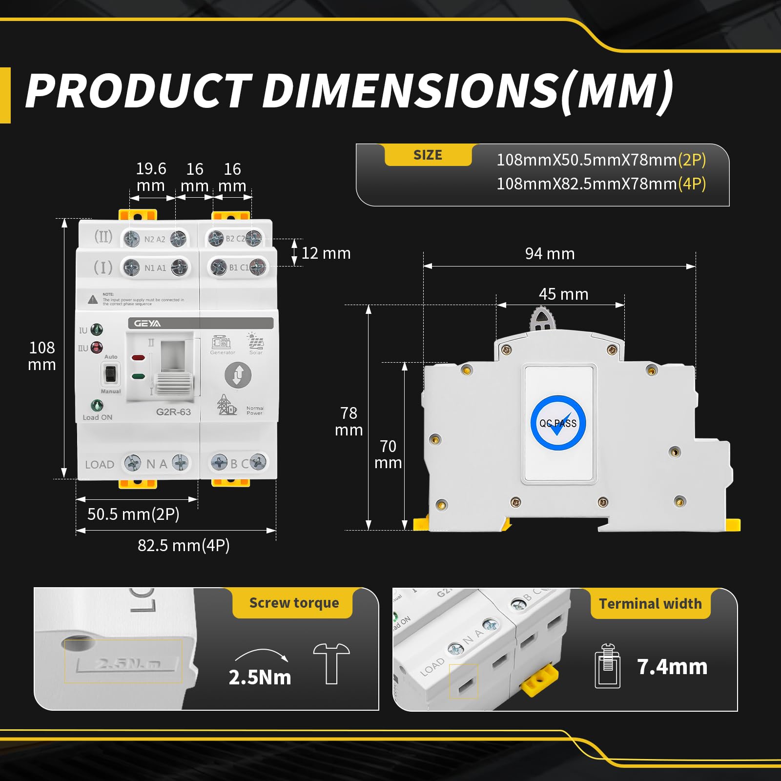 GEYA Mini ATS Automatischer und manueller Doppelstrom-Umschalter, Solar-Automatikschalter mit Über- und Unterspannungsschutz, DIN-Schienenmontage 4P 63A AC220V