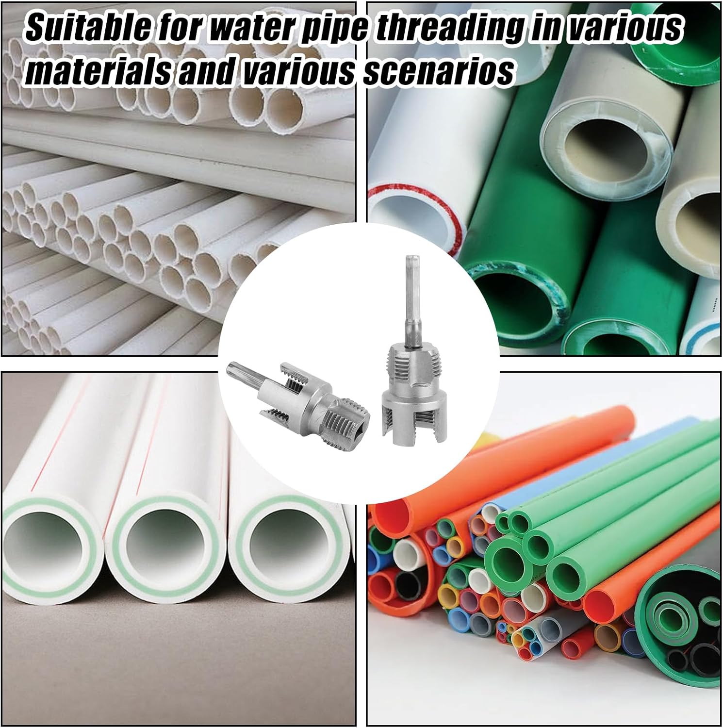 2pcs PVC Pipe Threading Threader Tool Kit, Integrated Internal & External Pipe Thread Cutting Tool with 1/2'' & 3/4'' Dies Set with 2 Roll Seal Raw Tapes for Electric Drill