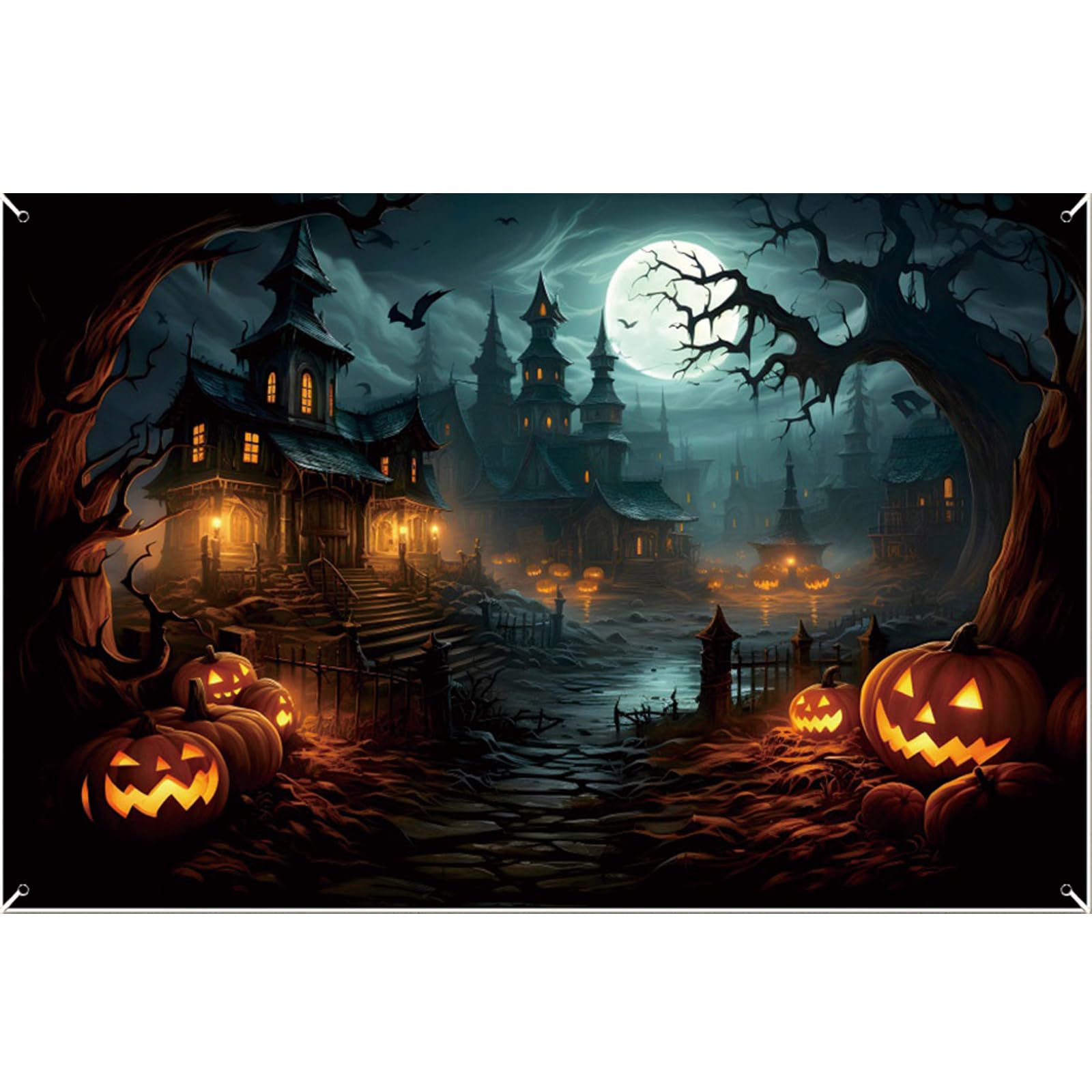 Hbbgdiy 13x6 Ft Halloween Backdrop Banner with Graveyard and Spooky Castle Design, Weather Resistant Garage Door Cover with Grommets, Photo Background for Halloween Decor