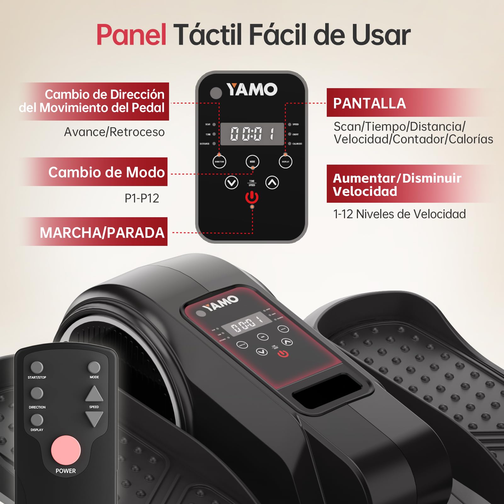 YAMO Mini Elíptica Eléctrica, Máquina Elíptica para Debajo del Escritorio con Pantalla LED y Control Remoto, 12 Velocidades, Elíptica Doméstica Silenciosa y Portátil para Mayores y Adultos