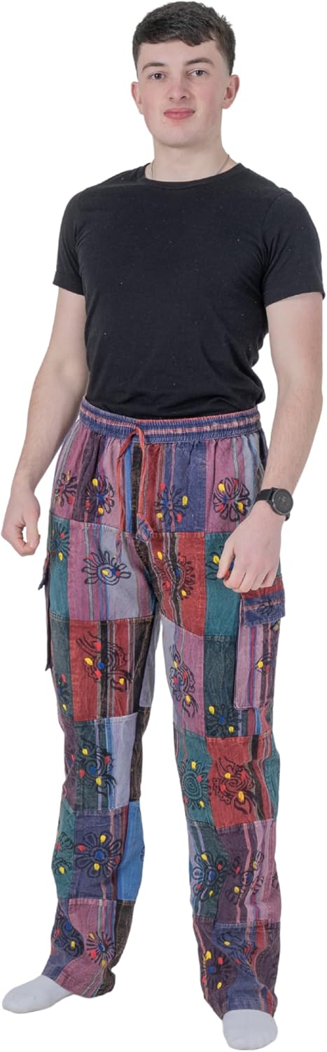 Ezhippie Handcrafted Hippie Patchwork Pants for Men, 100% Cotton Summer Festival Bohemian Clothes