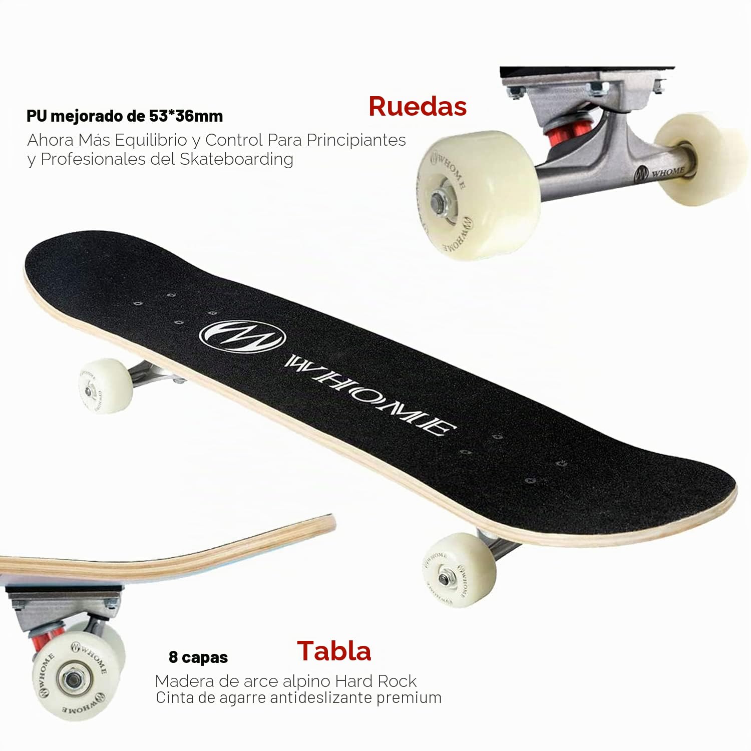 WHOME Pro Skateboard Completo para Niño Niña/Adulto Principiante/Pro - 31 x 8 Pulgada Patineta Estándar 8 Capas Alpine Maple Deck ABEC-9 Incluyen T-Tool