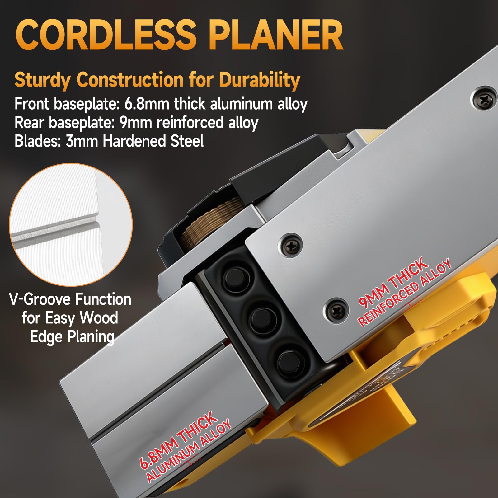 Cepilladora de mano eléctrica inalámbrica compatible con batería Dewalt de 18 V y 20 V, cepilladora eléctrica de madera de mano sin escobillas de 15000 rpm, ancho de corte de 82 mm, profundidad