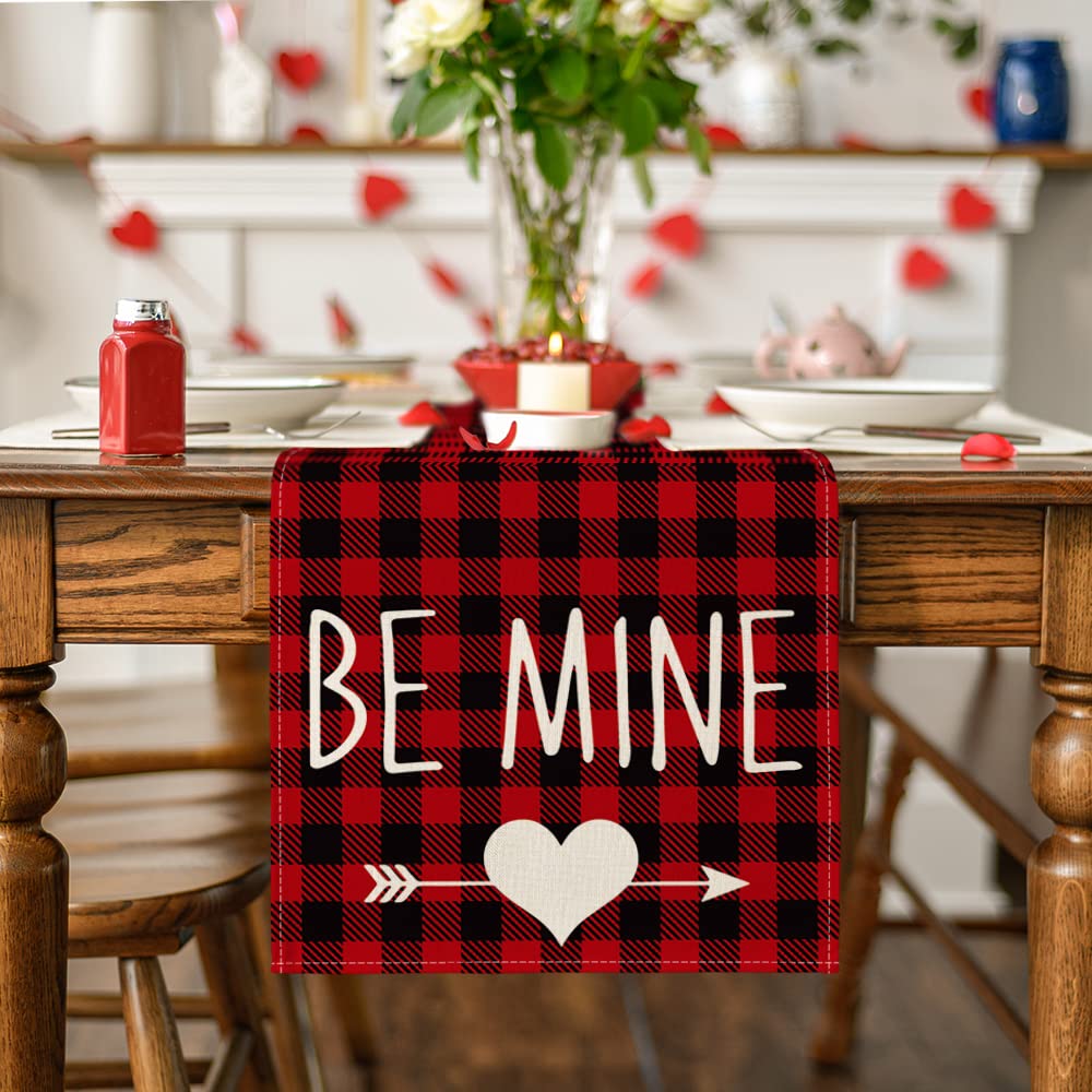 Artoid Mode Buffalo Plaid Be Mine Arrow Love Heart Table Runner, Seasonal Valentine's Anniversary Wedding HoliKitchen Dining Table Runners for Home Party Decor 13 x 108 Inch
