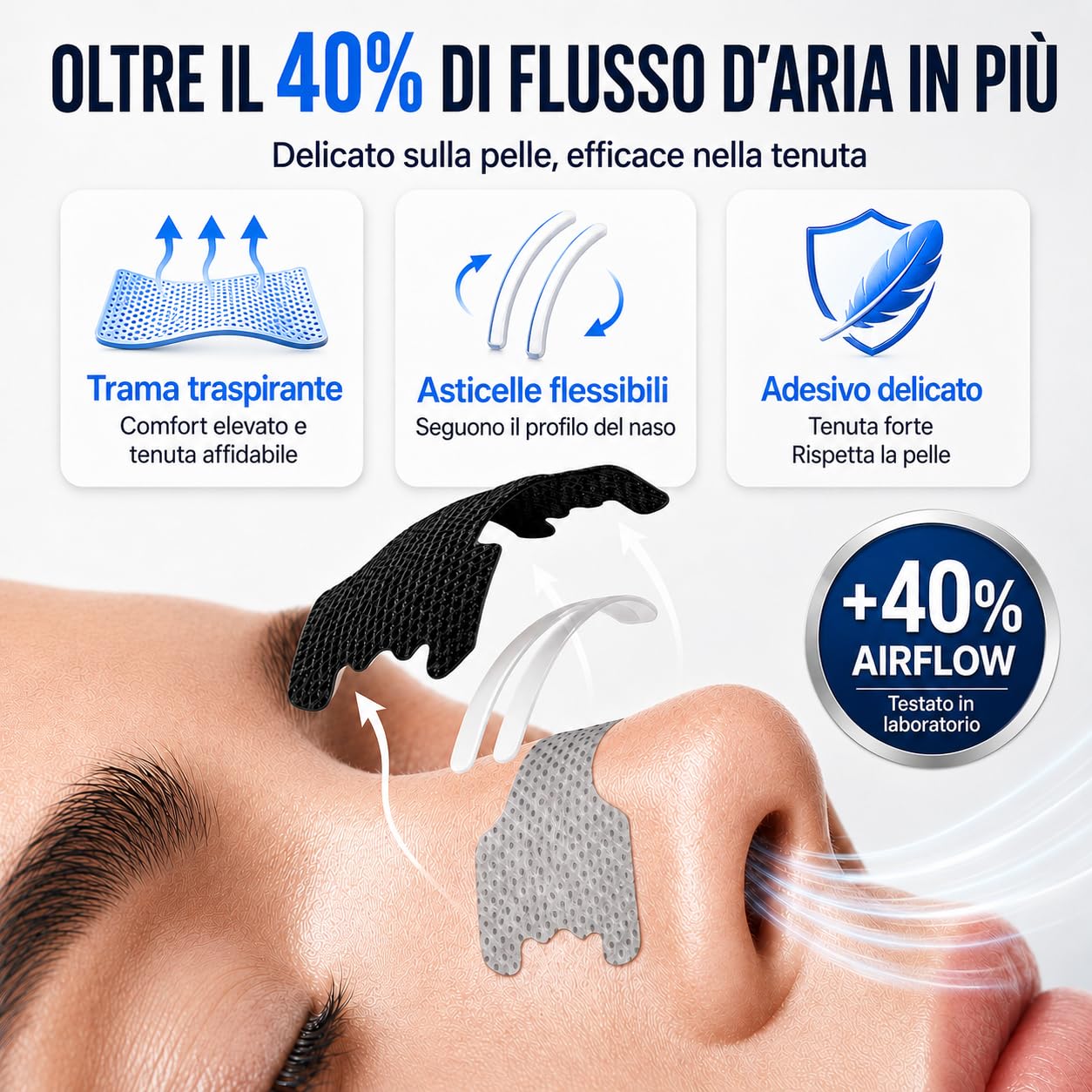 60pz Cerotti Nasali Antirussamento per Sport, Respira Bene, Dormire Meglio, Tenuta Forte, Asticelle Rinforzate, Antisudore, Giorno e Notte, per Uomo, Donna, Bambino, Dilatatore Nasale