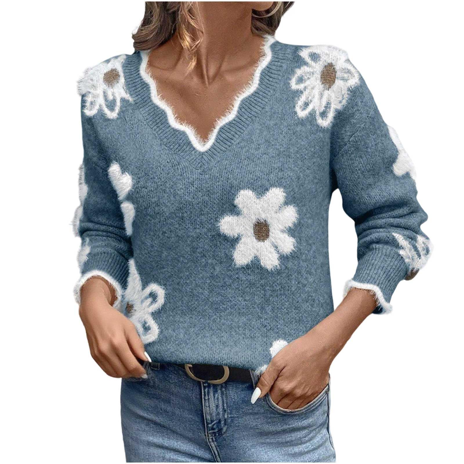 Womens Oversized V Neck Fuzzy Flower Sweaters 2025 Fall Winter Casual Long Sleeve Chunky Knit Pullover Jumper Tops
