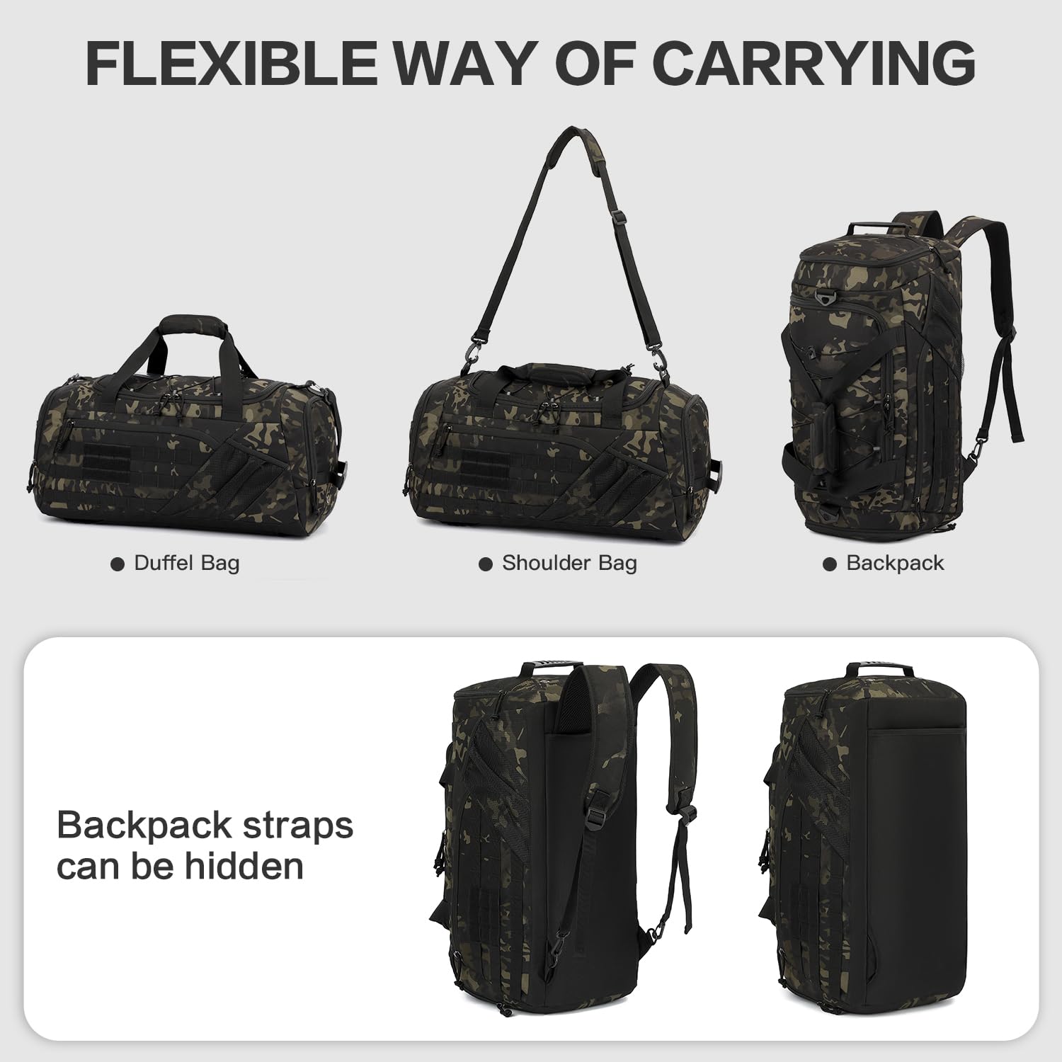 Borsone Palestra Tattica per uomo Donna 45L Borsa Sportiva Impermeabile con Porta Scarpe e Tasca Umida Zaino da Viaggio per Militare Fitness Sport Campeggio, Camo