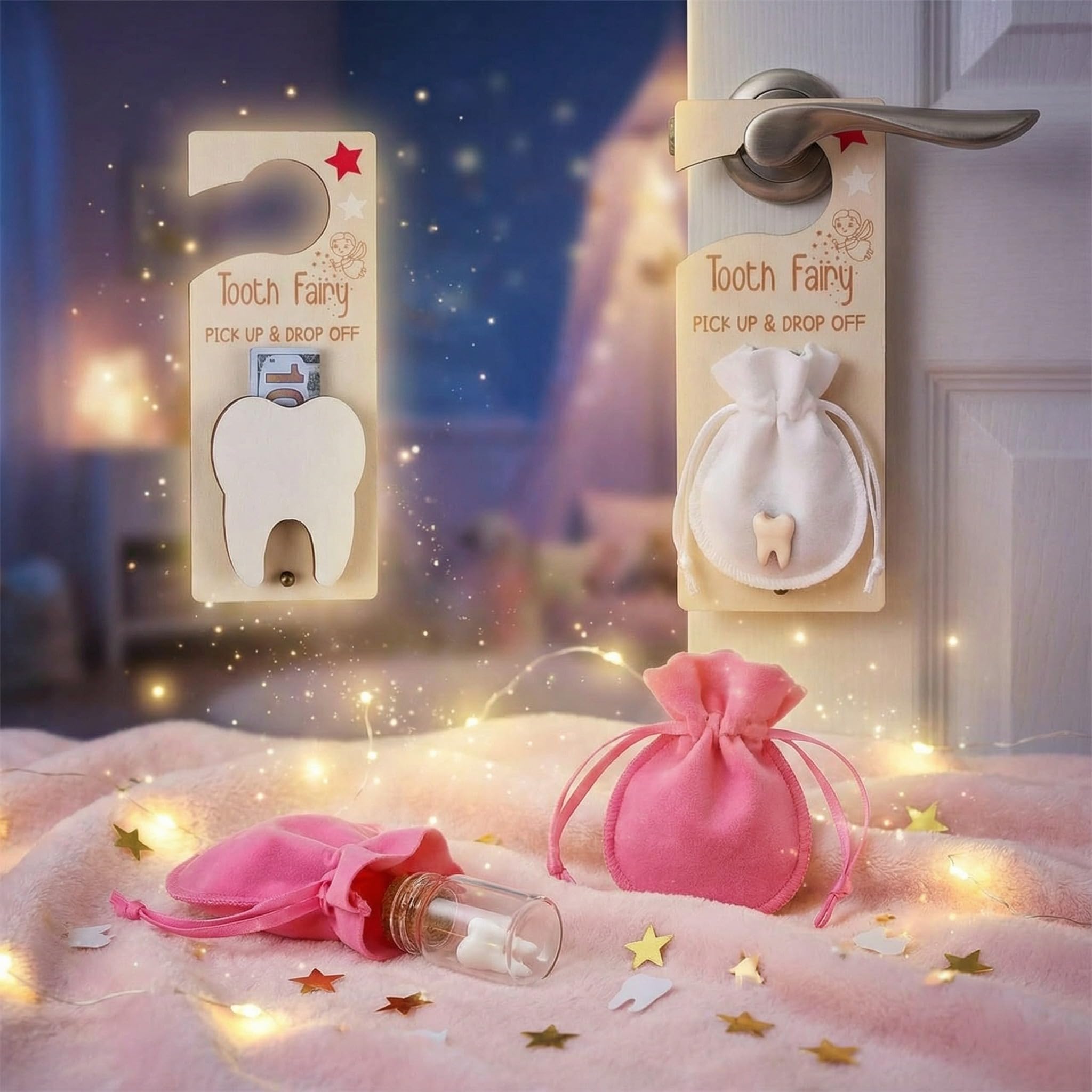 DoubleFill Tooth Fairy Door Hanger Pouch Keepsake Box,Classic,Rose Red