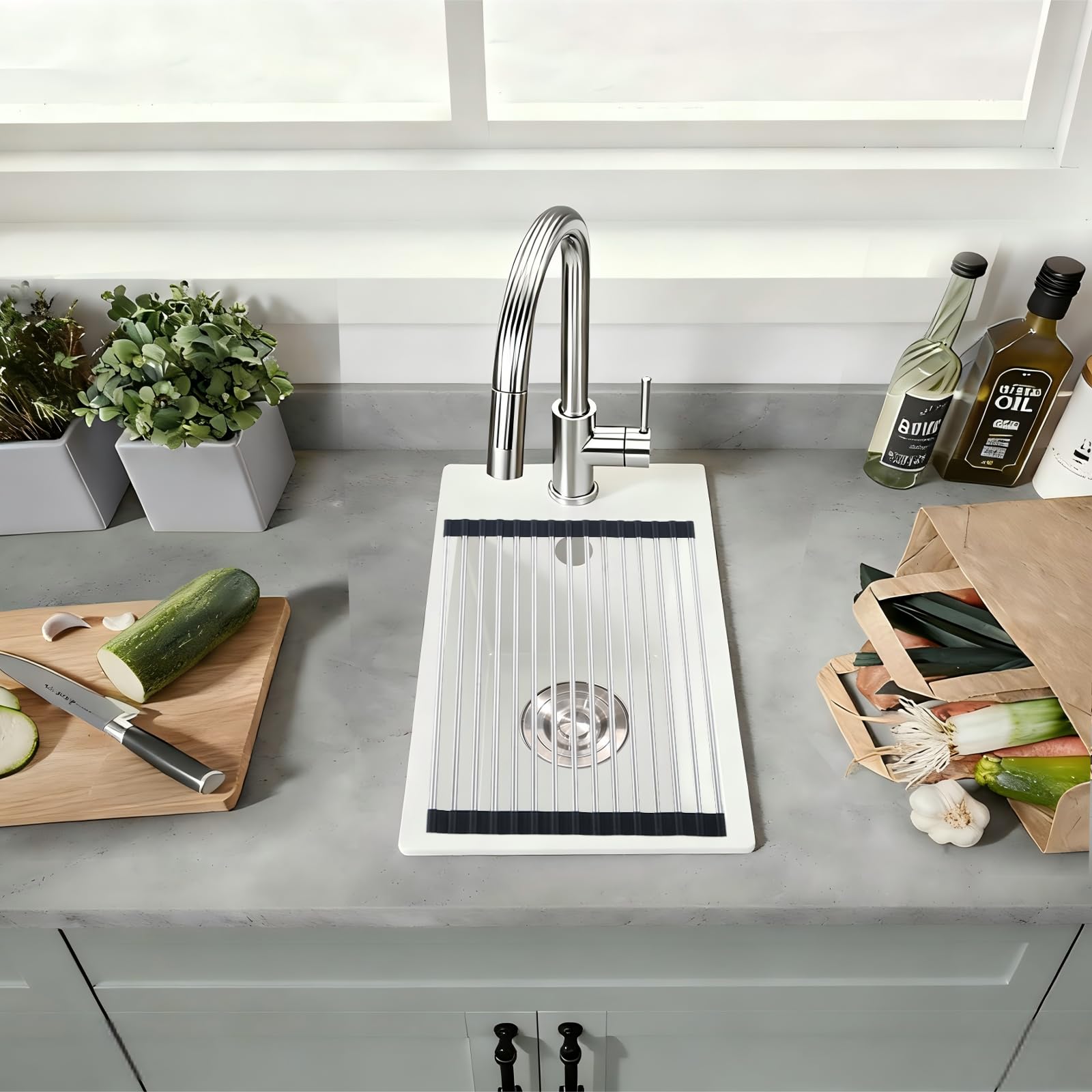 Fregadero Granito Blanco 28x50cm, Pequeño Fregadero de Barra Húmeda, Sobre encimera al mueble 30cm, Minilavabo de Cocina para Exteriores, para RV, con Rebosadero, Rejilla Enrollable y Sifón