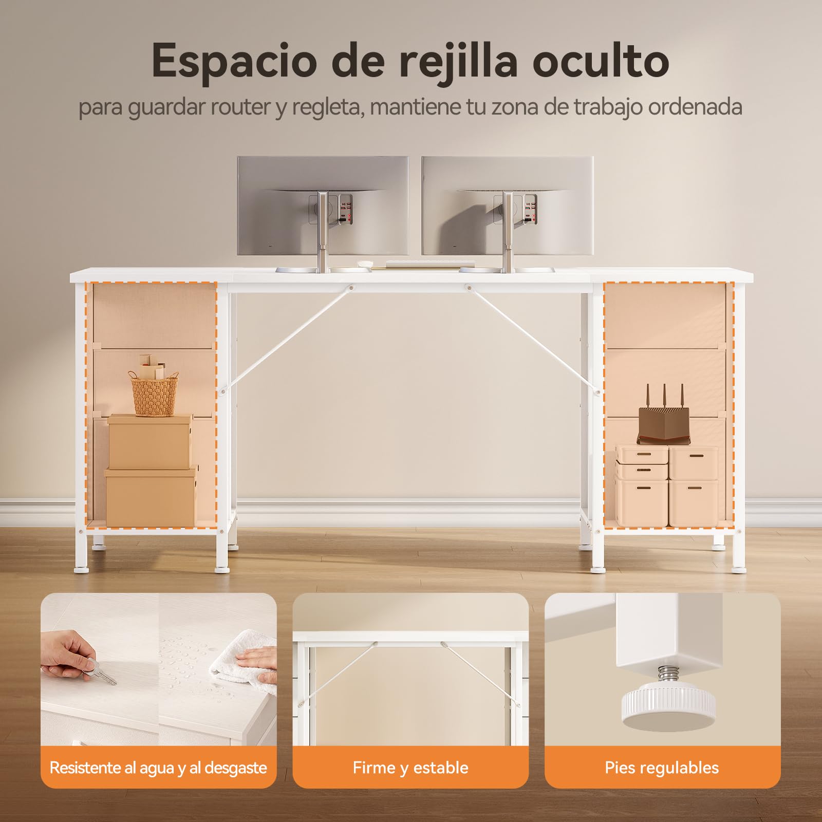 Coleshome Escritorio con 6 Cajones de Tela, 160x52 cm Mesa Escritorio con Estantes, Escritorio Ordenador Grande con Espacio de Almacenamiento para Oficina en Casa, Blanco