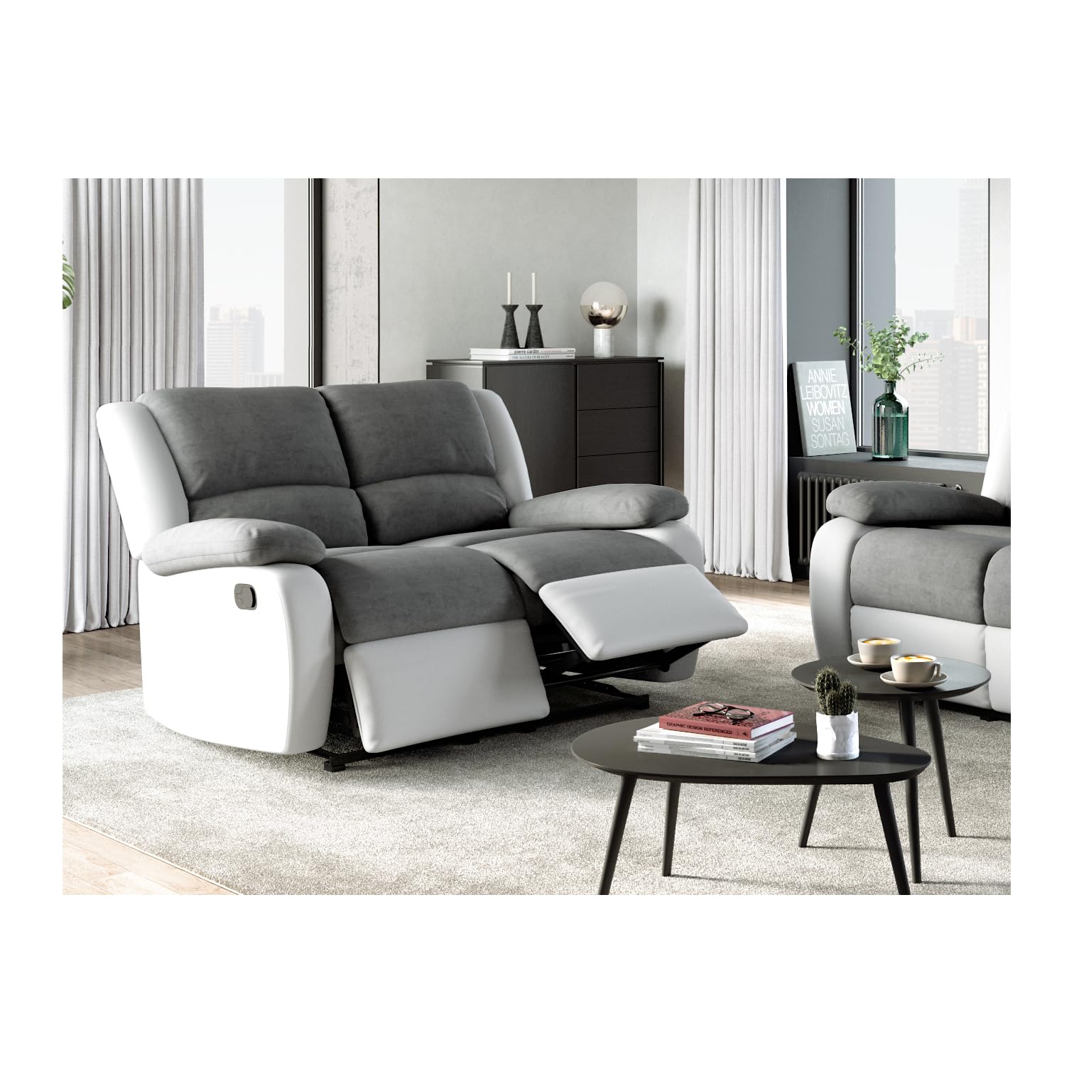 LOUNGITUDE - DETENTE - Canapé de relaxation - Manuel - 2 Places - En Simili/Microfibre - Gris/Blanc -L143cm