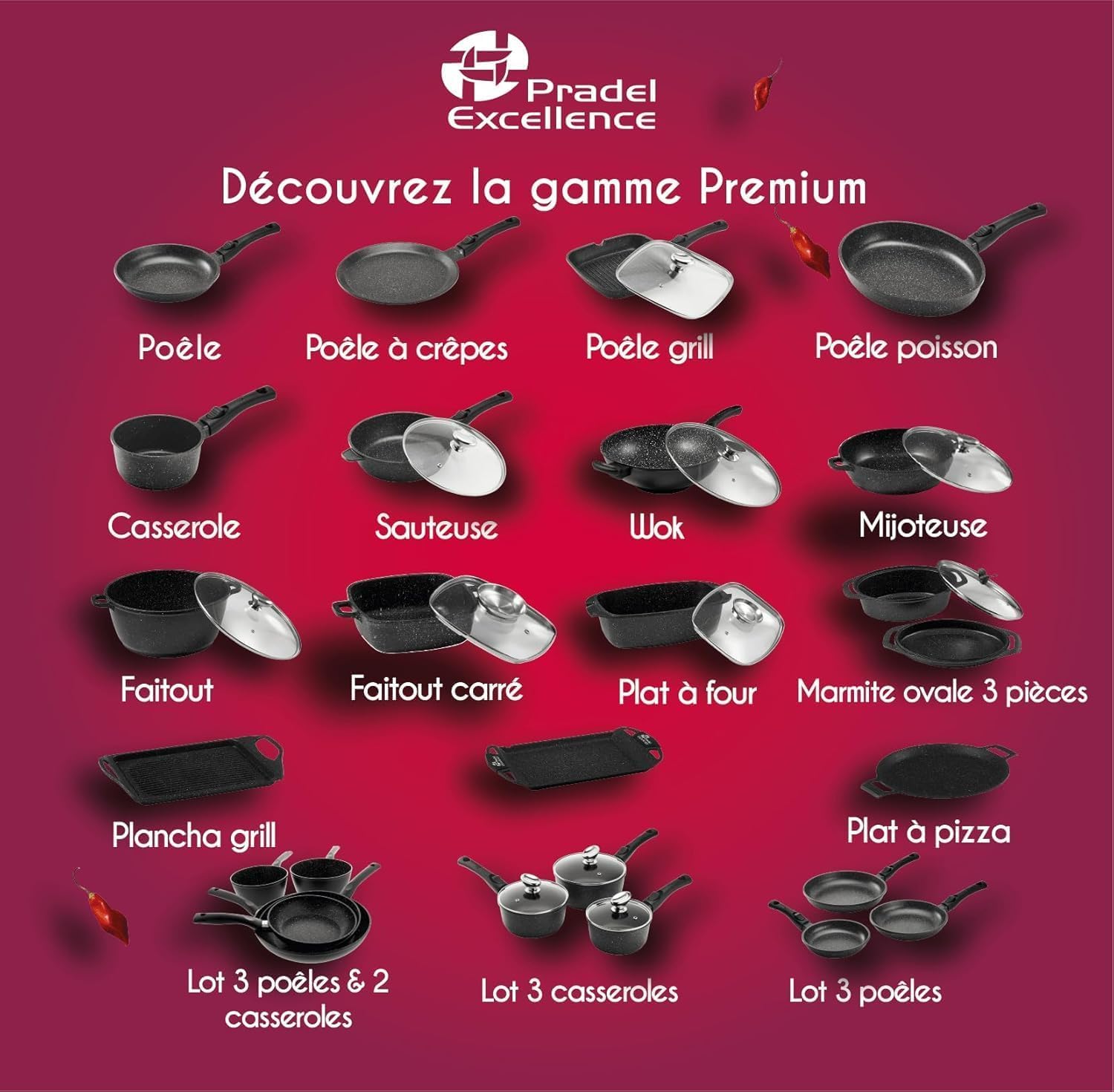 Pradel Excellence - PCUI001032 - Lot de 3 Poêles en Fonte d'Aluminium Premium Ø20,24,28cm - Revêtement Anti-Adhésif Façon Pierre - Manches Amovibles - Tout Feu, Noir