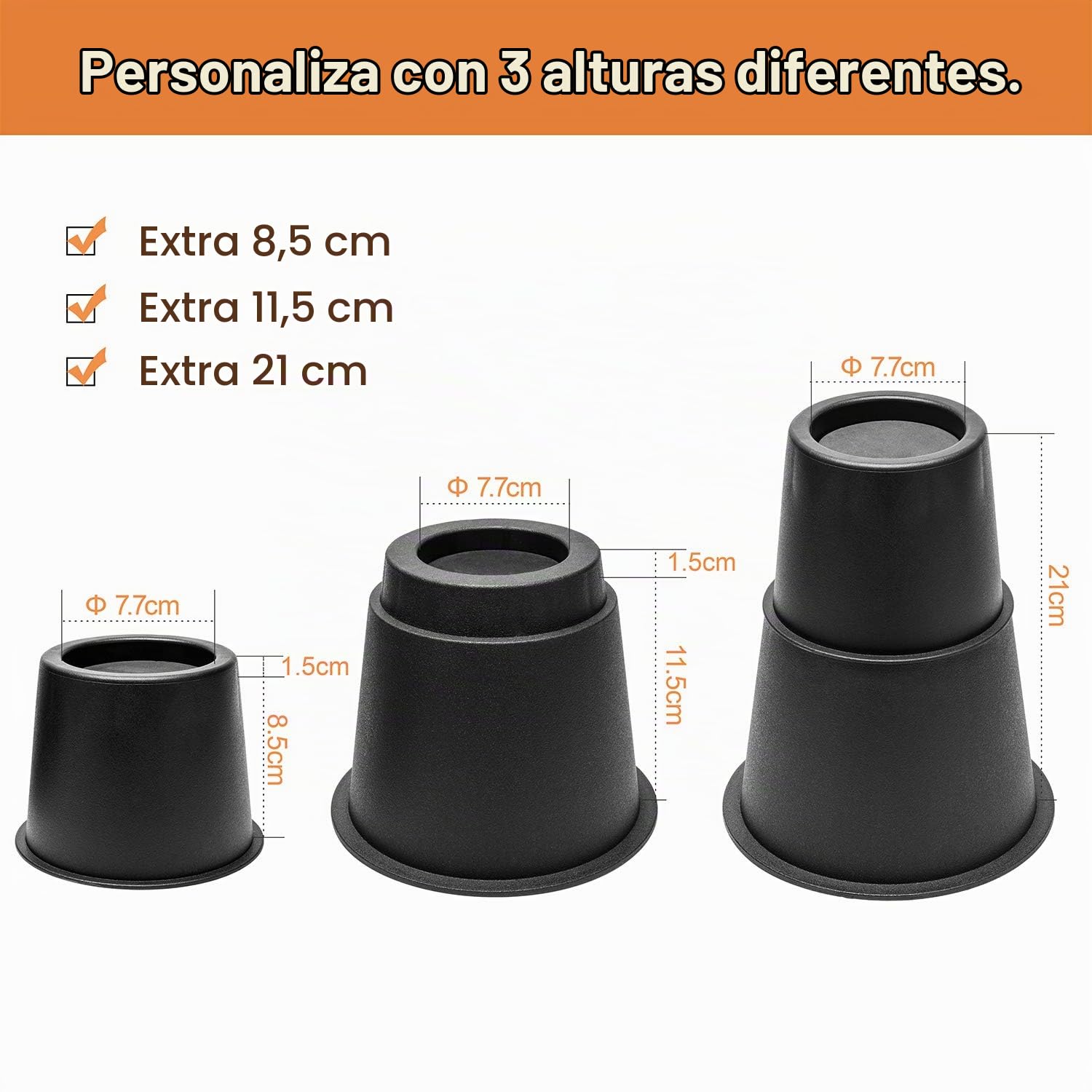 Muebles Elevadores de Cama 8 PCS Elevadores Ajustables para Camas, Mesas sillas o Mobiliario 7.5, 13, 20.5CM-Negro