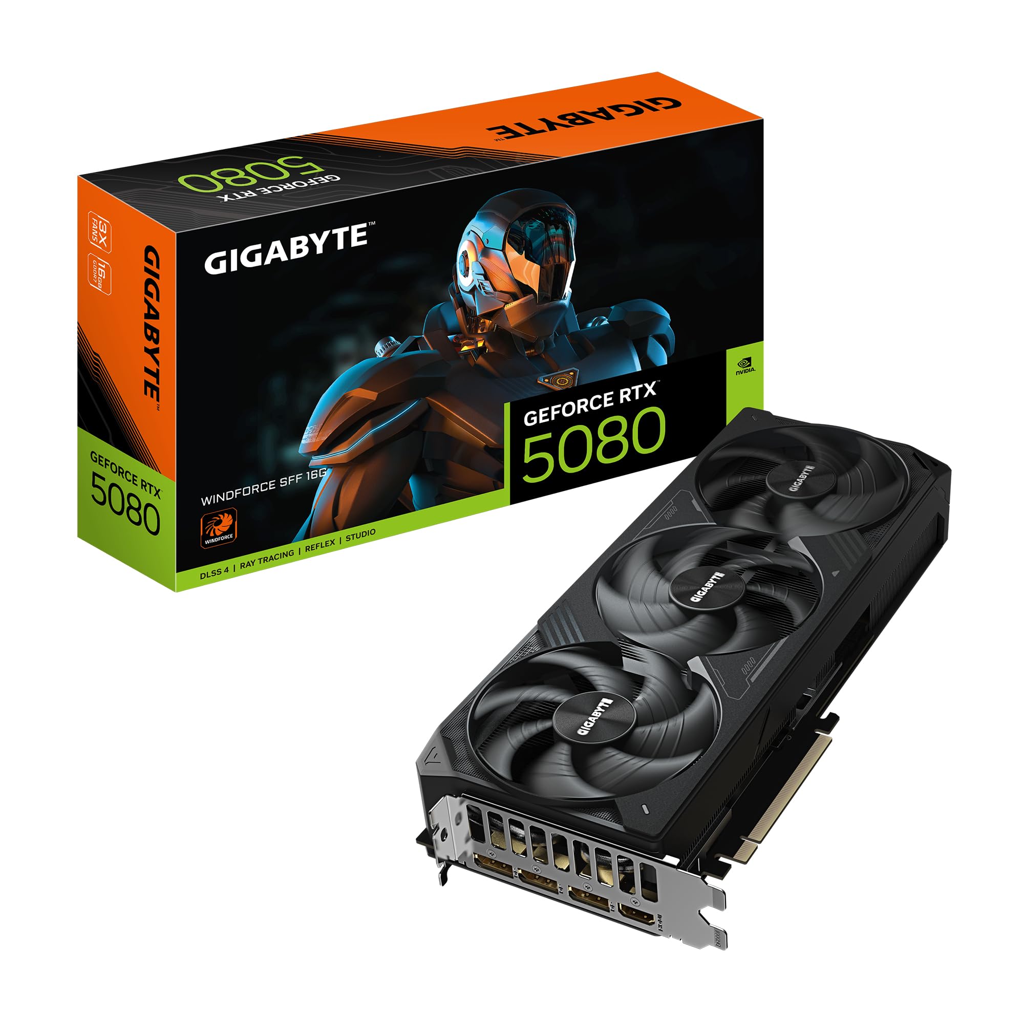 GeForce RTX 5080 WINDFORCE SFF 16G Graphics Card - 16GB GDDR7, 256 Bit, PCI-E 5.0, 2617MHz Core Clock, 3 x DisplayPort, 1 x HDMI, GV-N5080WF3-16GD