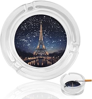 Night Paris Eiffel Tower Glass Ashtray for Cigarettes Ash Tray with Non-Slip Base, Round Portable Decorative Modern Ashtray for Home Office Desktop Tabletop Decor & Smokers Gift