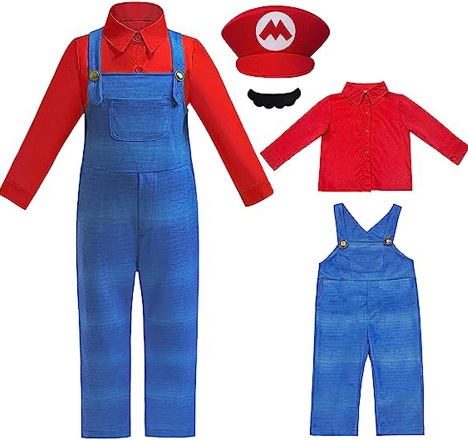 VUCATIN VUCATIN Mario Costume for Kids Super Brother Plumber Costume, Halloween Costumes Cosplay Jumpsuits Party Dress Up with Hat Mustache Eyebrows