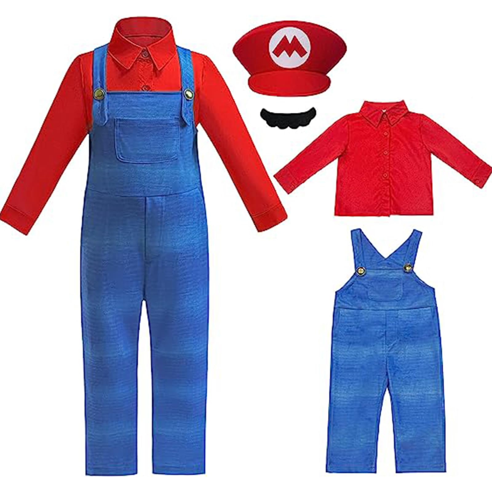 VUCATIN VUCATIN Mario Costume for Kids Super Brother Plumber Costume, Halloween Costumes Cosplay Jumpsuits Party Dress Up with Hat Mustache Eyebrows