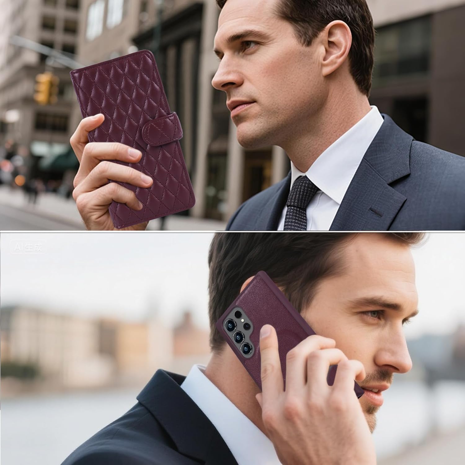 Harryshell for Samsung Galaxy S24 Ultra Detachable Wallet Case Magnetic Cover Compatible with Magsafe RFID Blocking Card Slots Holder Kickstand PU Leather Protective Case Men Women (Quilted Burgundy)