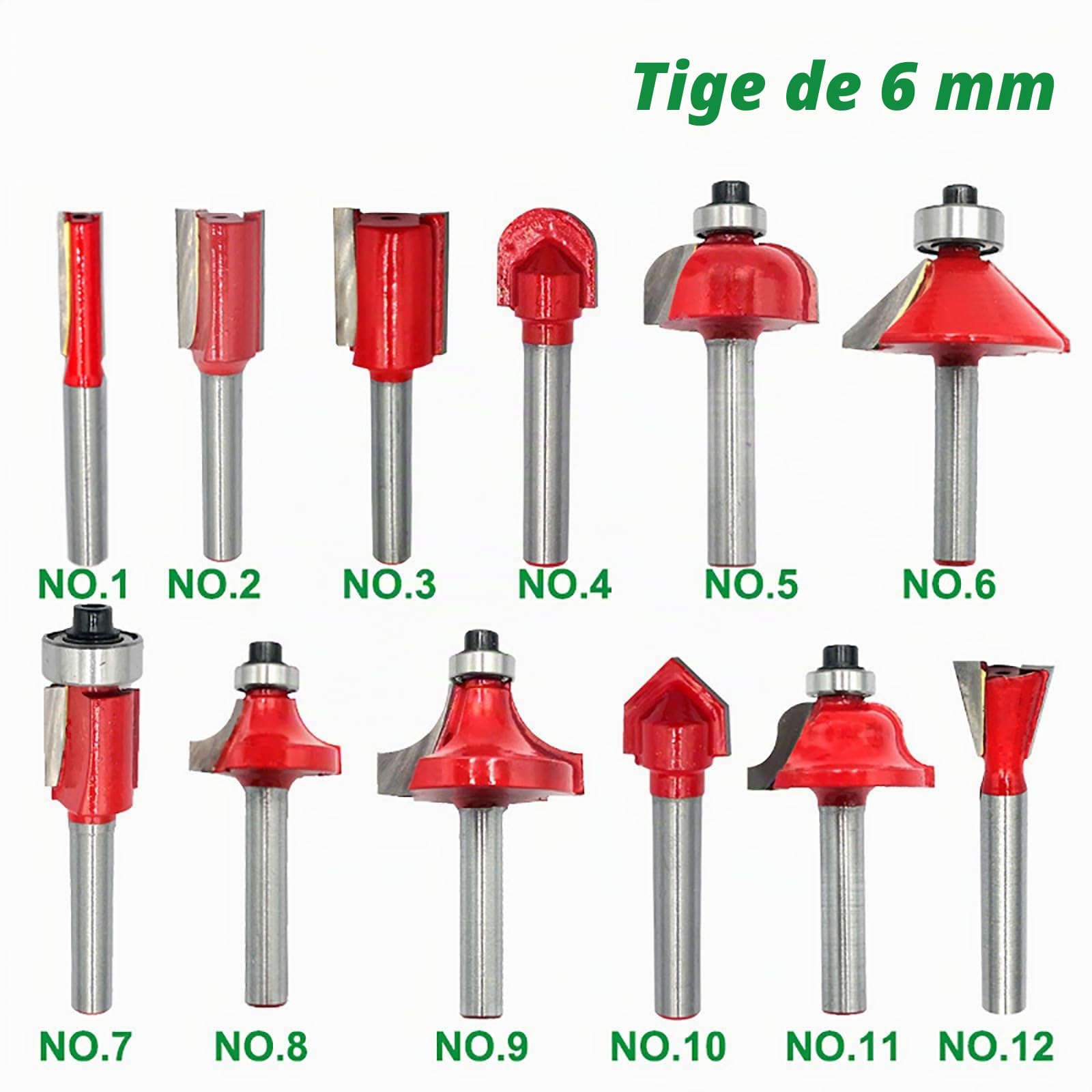 Lot de 12 fraises pour défonceuse à tige de 6 mm - Fraise à rainurer - Fraise à profiler - Avec coffret en bois pour le travail du bois (rouge)