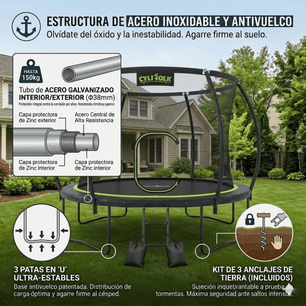 DEVESSPORT Cama Elástica Exterior de 10 Pies (305 cm) con Red de Seguridad, Escalera y Kit de Anclaje | Trampolín de Jardín para Niños y Adultos, Carga Máx 150 kg, 60 Muelles