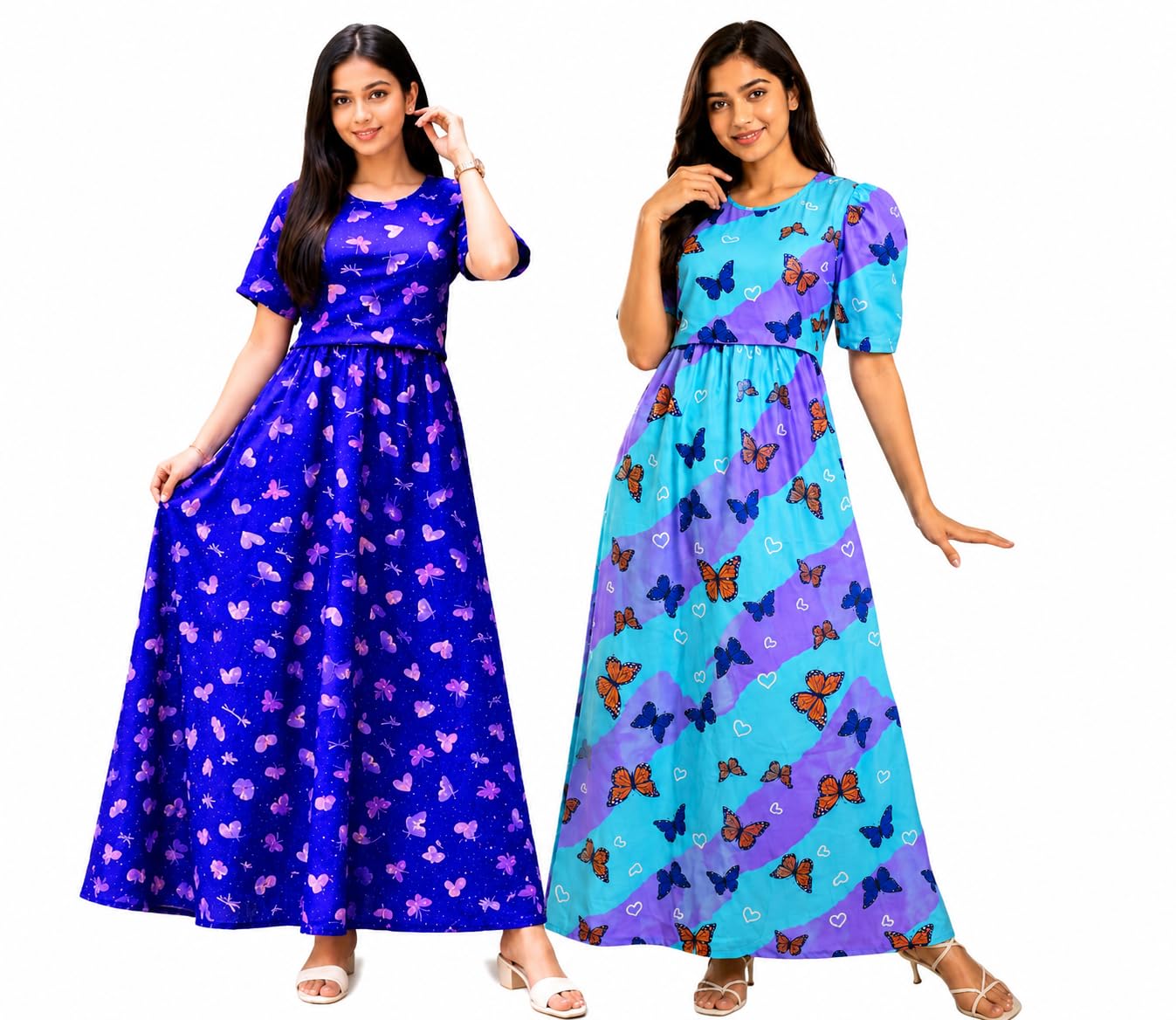 RENIS.Store Women's 100% Cotton Zipless Feeding Maternity Nighty Pack of 2 | Pull Up Nursing Night Dress | Soft Pregnancy & Feeding Wear | Blue(Pink Butterfly) &Sky Blue (Multicolor Butterfly) L-Size-picture-19