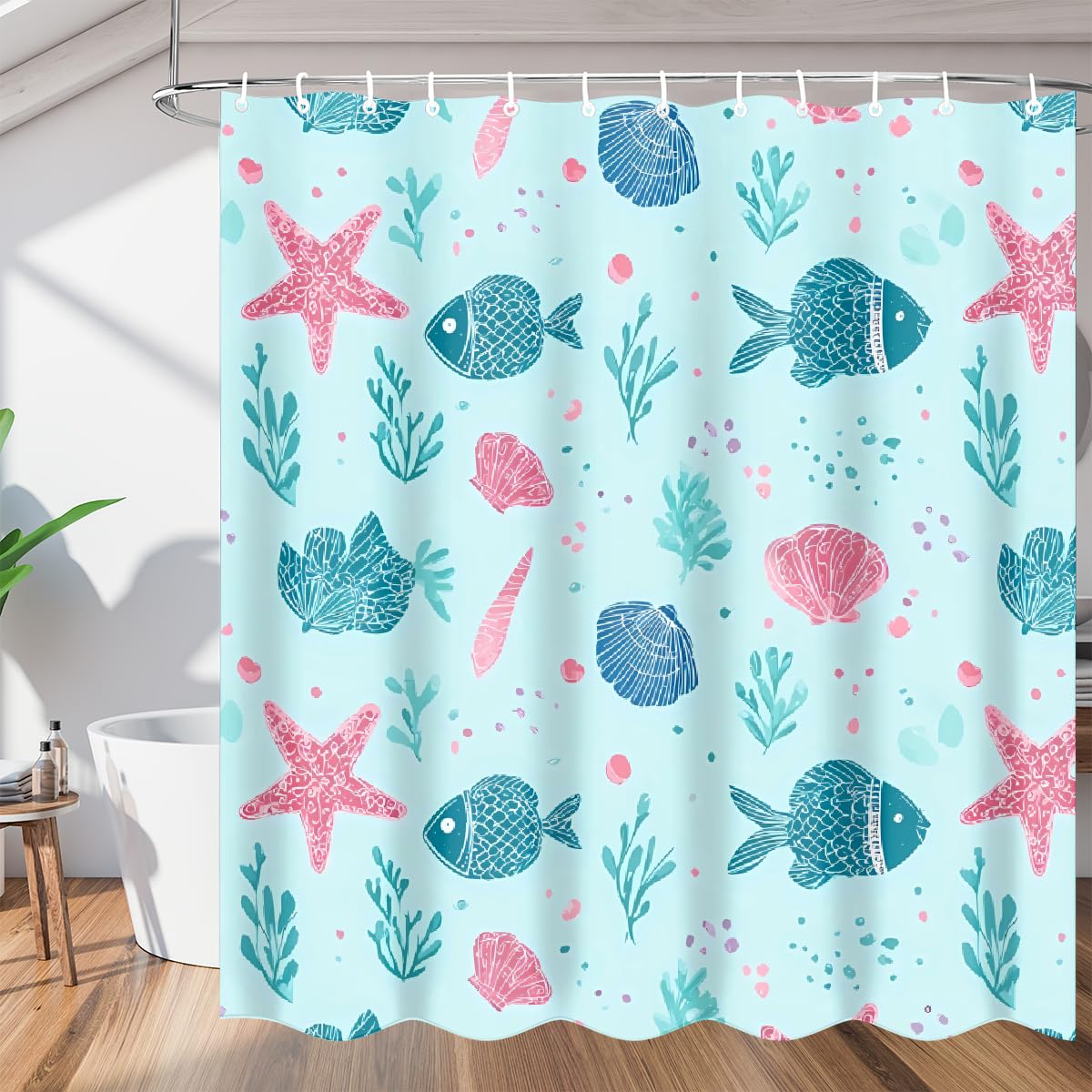 Rideau de douche imperméable motif poissons bleu clair 183x183 cm