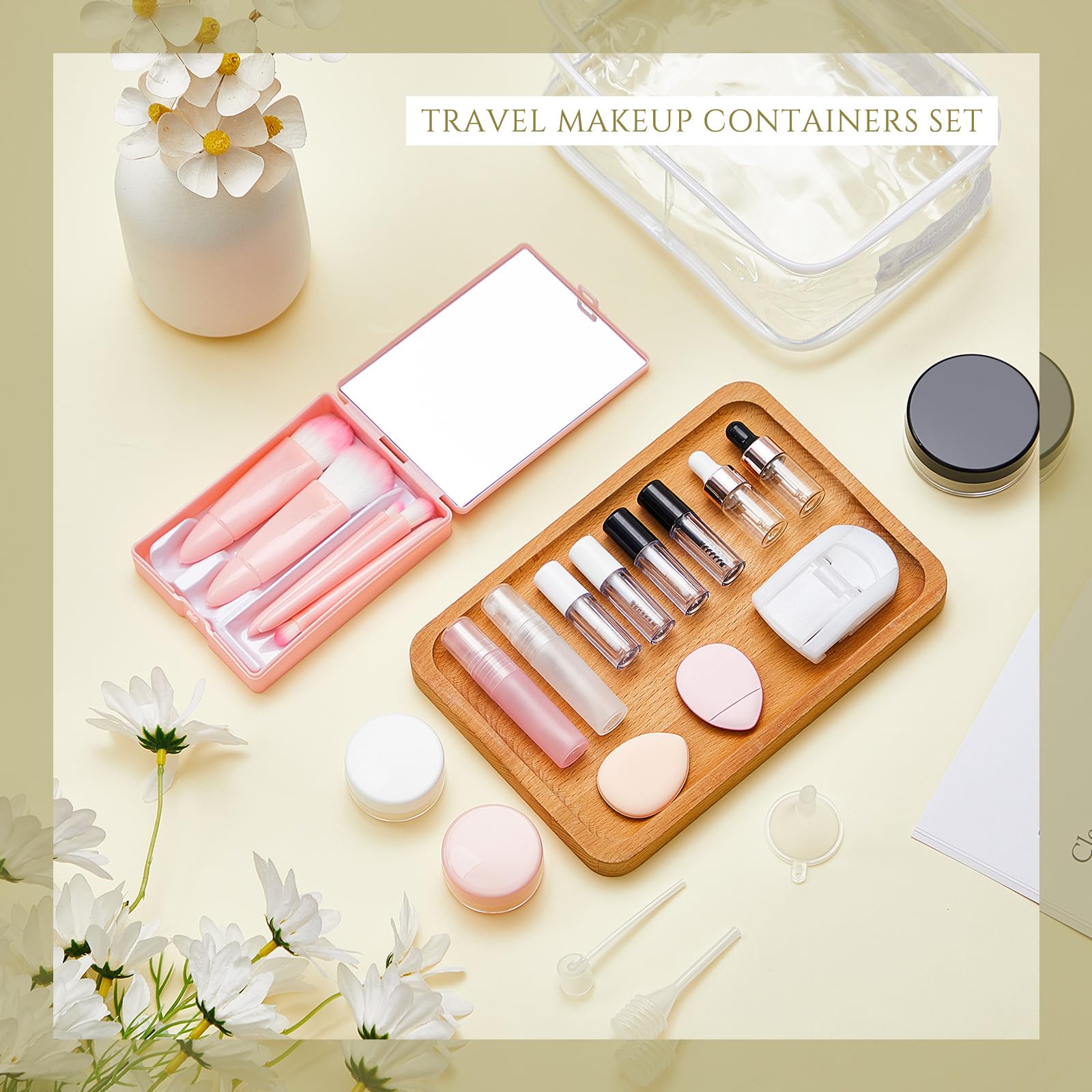 Maxdot Confezione da 20 contenitori da viaggio per il trucco, mini pennelli da trucco, kit di flaconi vuoti con spatole per le dita, a prova di perdite, accessori cosmetici ricaricabili per prodotti