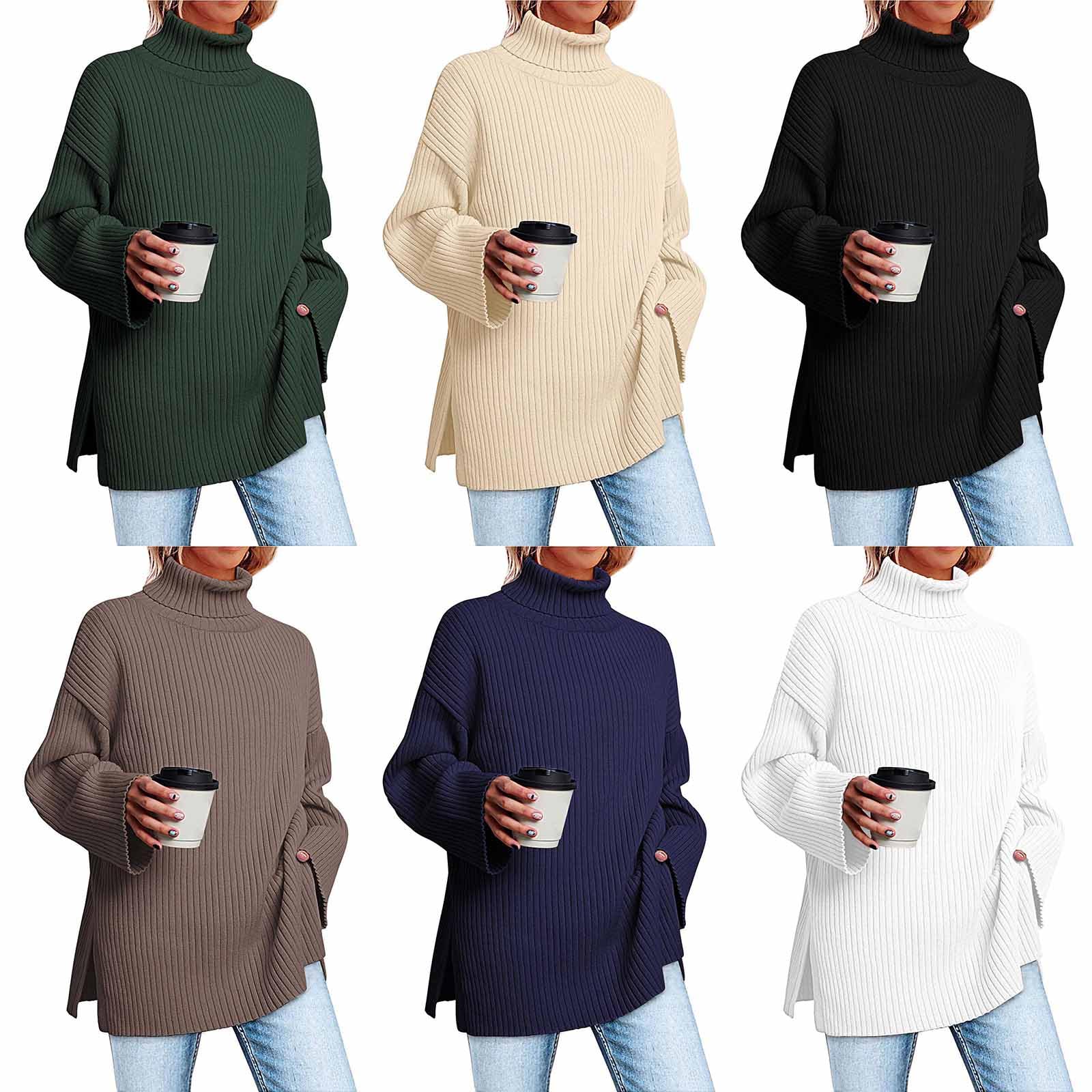 Greabuy Maglione a collo alto oversize alla moda da donna maglione a costine felpa per donna maglione casual camicie da donna maglioni da donna felpe leggere in maglia, Verde militare, M