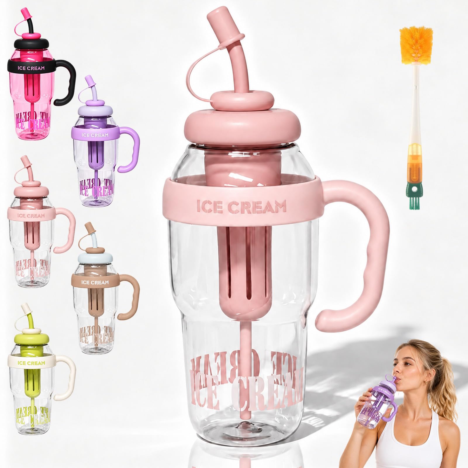 Stylish Large Capacity Sports Water Bottle with Straw, 1300ml Summer Handle Plastic Cute Large Capacity Ice Cup, Convenient Cup with Tea Infuser for Camping Hiking Summer Outdoor Sports (1pc- Rose)