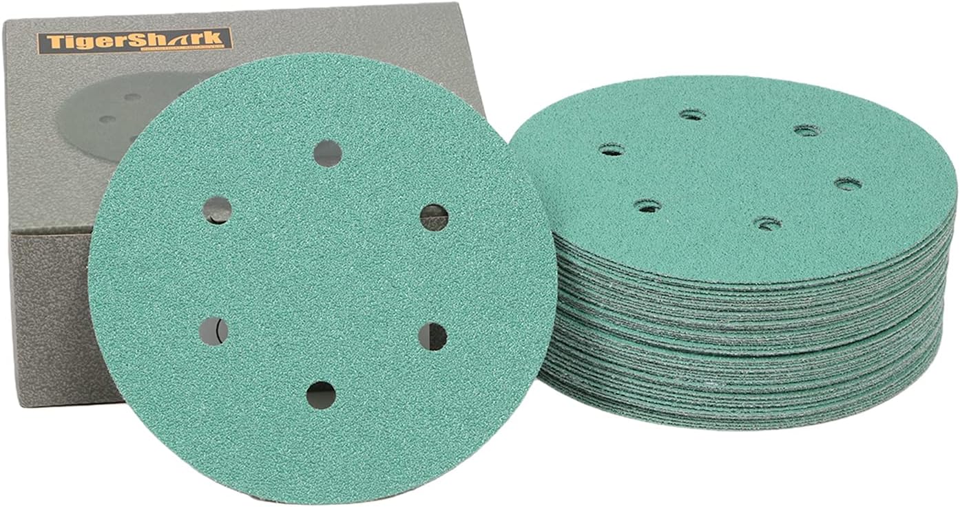 TigerShark 6 Inch Sanding Discs 6 Hole Wet Dry Grit 60 50pcs Pack Special Anti Clog Coating Film Green Line Hook and Loop Dustless Random Orbital Sander Paper