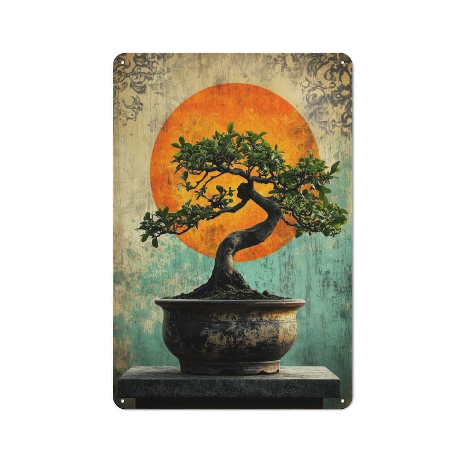 Bonsai Tree with Sunset Tin Sign 30x20cm, Creative Studio Wall Plaque for Hobby Room, Office, Lounge Or Living Room
