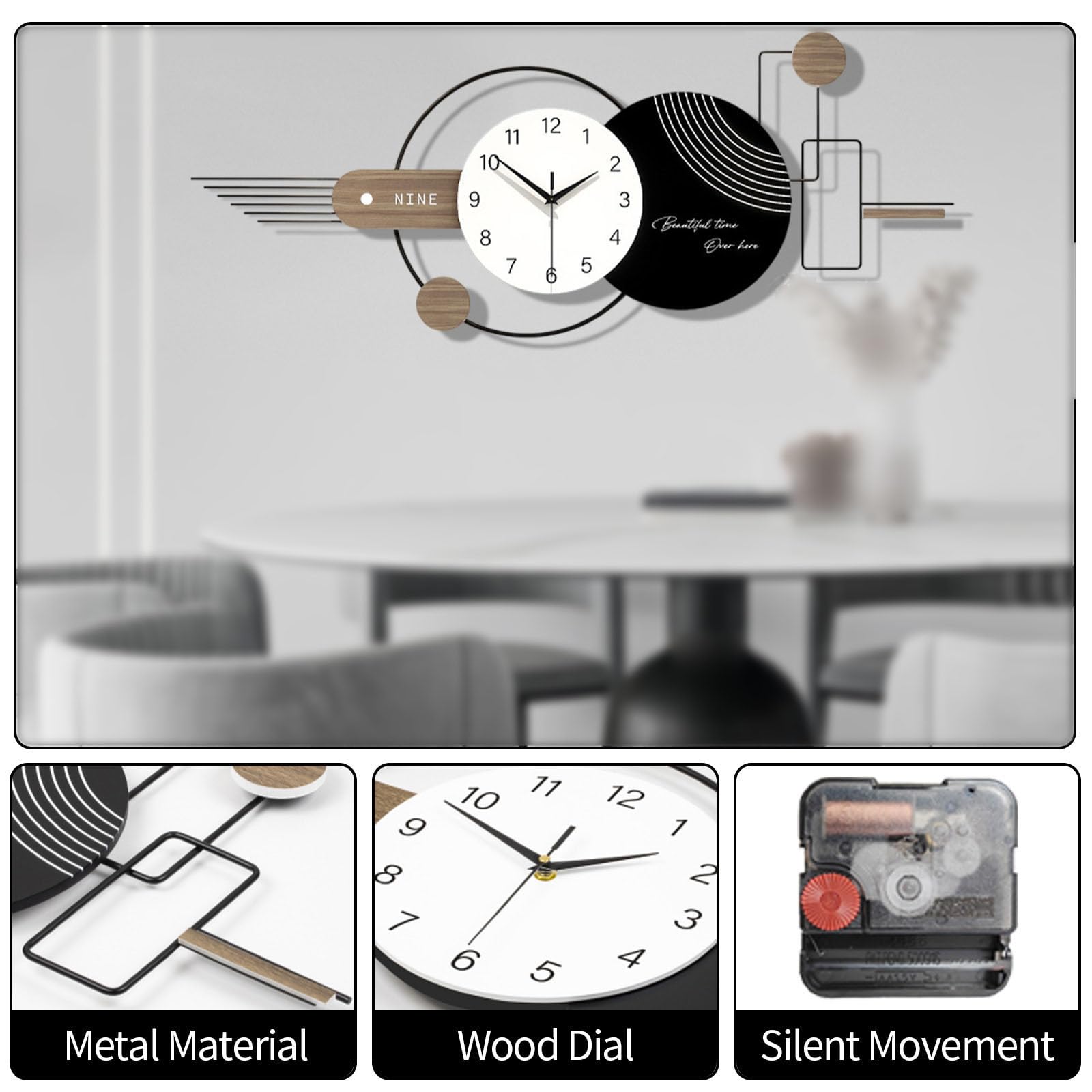 Modern Große Wanduhr, Stille wanduhr Ohne Tickgeräusche, Kreativer Minimalistisch Stil Dekorative Wanduhr, Metallrahmen, für Küche Schlafzimmer Büro,100 * 40 cm (Schwarz und Weiß)