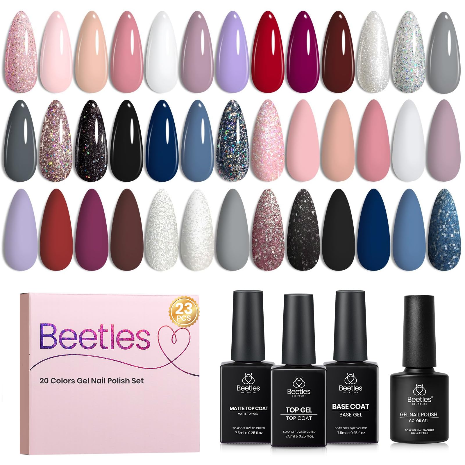 Beetles Gel Nail Polish Set, 23Pcs White Gray Black Glitter Gel Polish 0- Colors Modern Muse