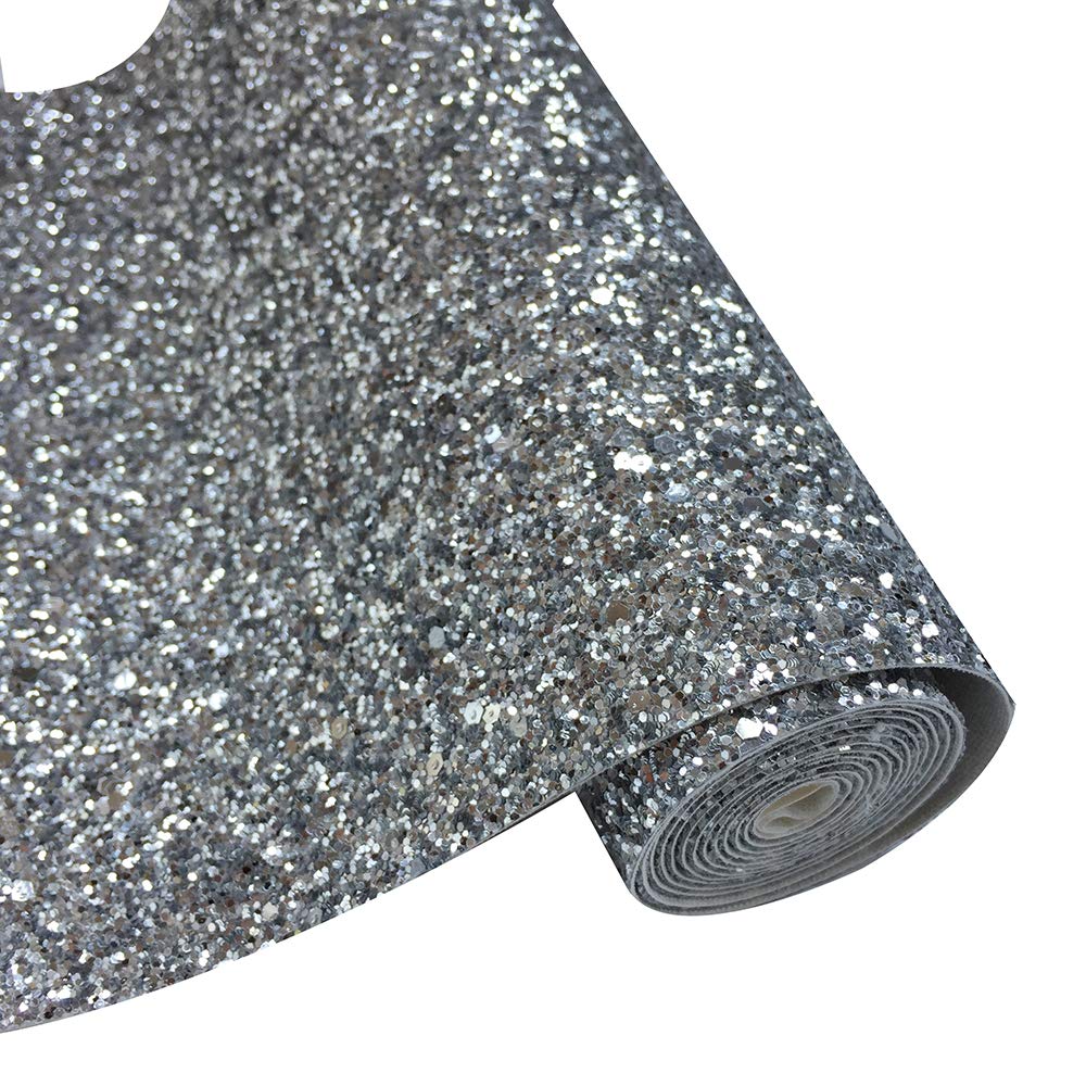 SOVUltra Chunky Glitter Fabric Vinyl Sparkle Faux Leather Perfect for Key Chain Bows Craft Bag Cover Sewing Patchwork DIY Craft Thick Canvas Back 8” x 53” (21cm x 135cm) 1 Roll (Silver)