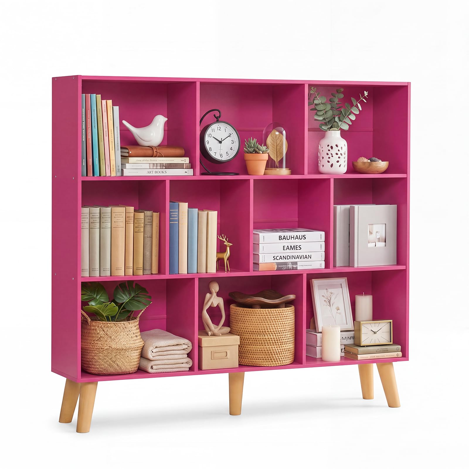 YAHARBO 10 Cube Bookshelf,3 Tier Bookcase with Legs,Pink Mid-Century Modern Bookshelves,Large Free Standing Open Storage Organizer Shelf,Tall Wooden Book Case Furniture for Bedroom,Living Room,Office