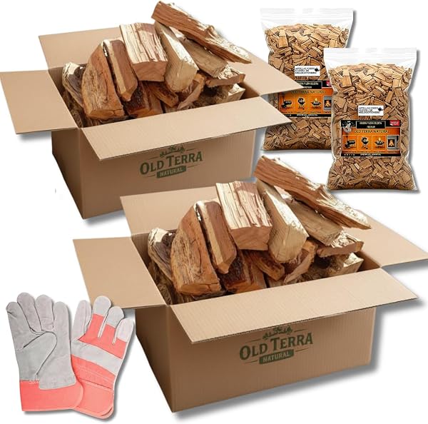 OLD TERRA NATURAL | Kit Leña Premium 10kg para Chimenea, Barbacoa y Horno de Pizza | Troncos seleccionados, Astillas de Frutal y Guantes de Cuero de Calidad - 1