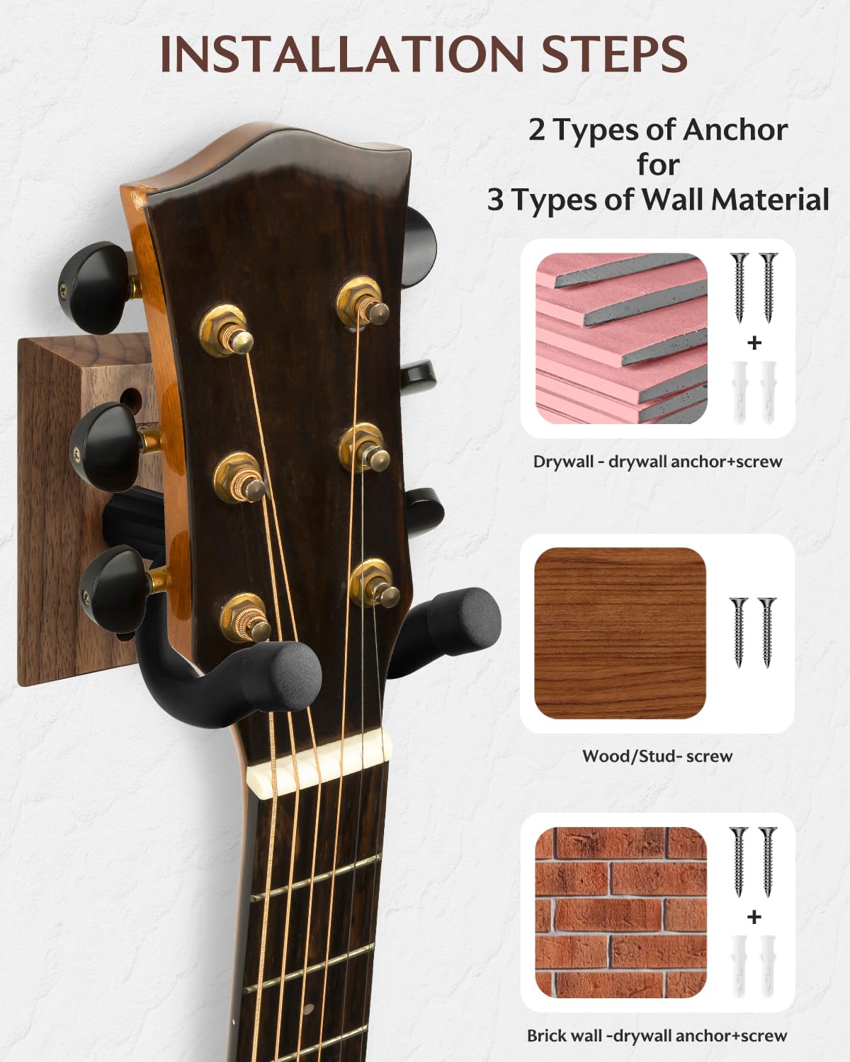 STRICH - Supporto da parete per chitarra, in legno di noce nero, gancio a U per chitarra acustica ed elettrica, basso, ukulele, violino, mandolino, banjo (confezione da 3)