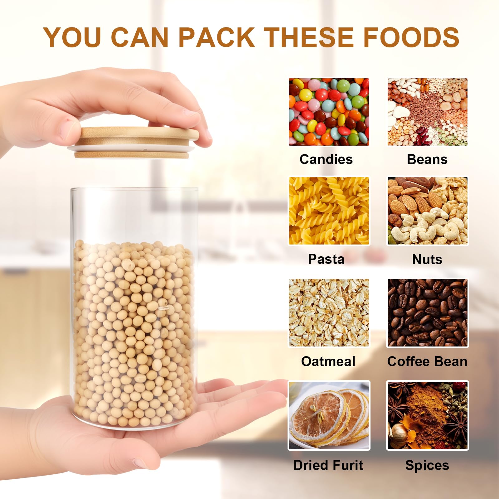FoiiLiio Bocaux en verre de 500 ml Lot de 8 Bocal en verre avec Couvercle en Bambou Bocaux Rangement Cuisine en Verre, Pot en verre, Bocal en verre Hermétique pour Pâtes, Céréales, Haricots