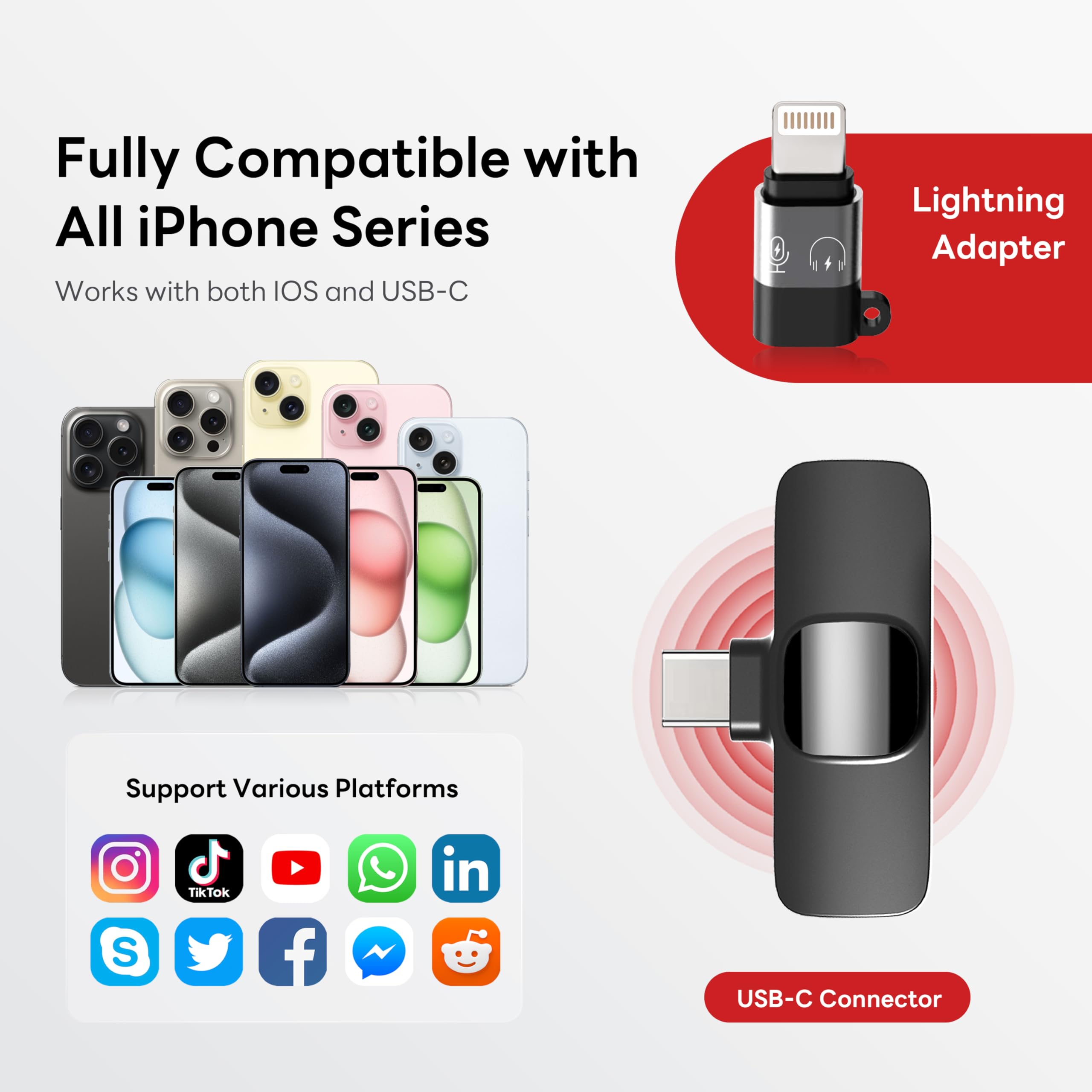 Kabelloses Lavalier Mikrofon für iPhone & Android | Mini Funkmikrofon mit USB-C & Lightning, DSP-Rauschunterdrückung, Plug & Play, 10 Std. Akku