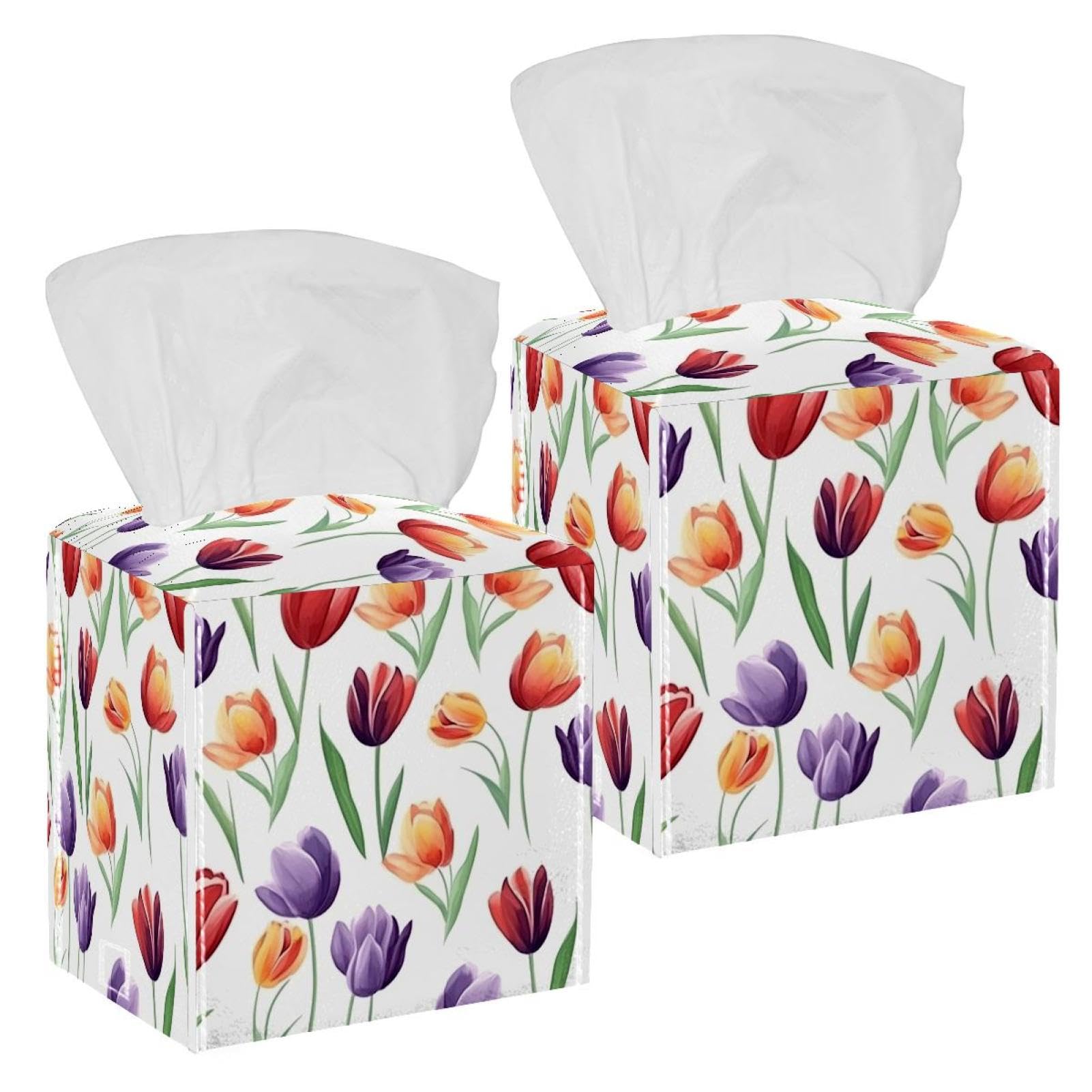 Pretty Tulip Tissue Box Cover, 2 Pack PU Leather Square Facial Tissue Dispenser Box holder for Home Office Car