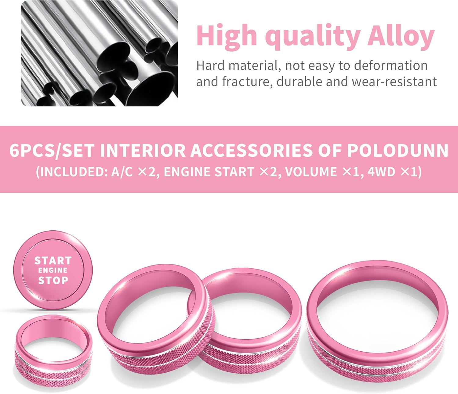 Polodunn for 2023 2024 2025 2026 Nissan Rogue Accessories with 12.3" Screen, 6pcs Aluminum Alloy Trim Set - A/C, Volume Tune & 4WD Knob Cover, Push Start Button Cover/Ring (Pink)