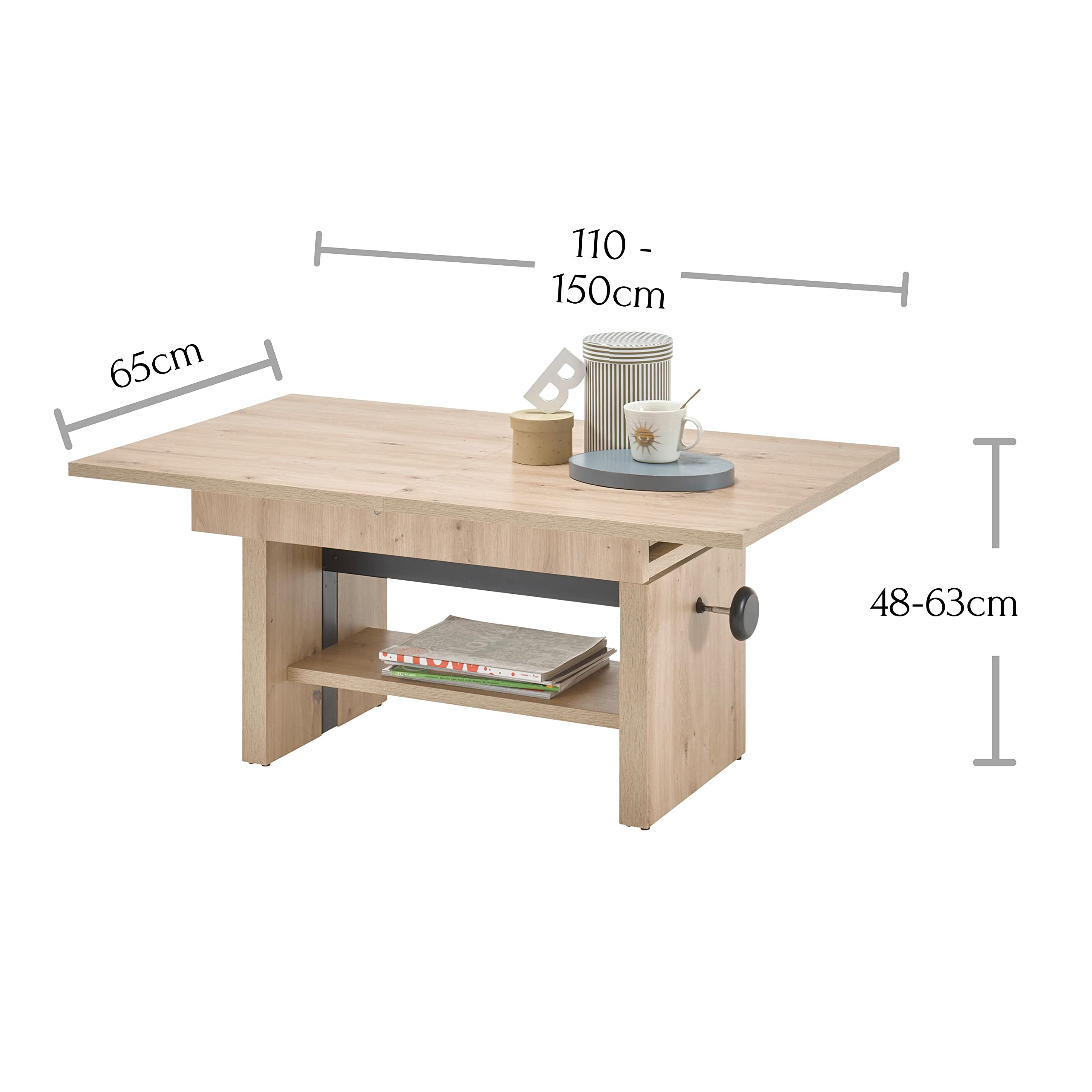 EVENT Couchtisch höhenverstellbar & ausziehbar in Artisan Eiche Optik - praktischer Sofatisch mit Ablage für Ihren Wohnbereich - 110 x 48 x 65 cm (B/H/T) | 110 x 48 x 65 cm (B/H/T), mit Ablagefach, pflegeleicht, auf 150 cm Breite erweiterbar, Sofa Tisch,