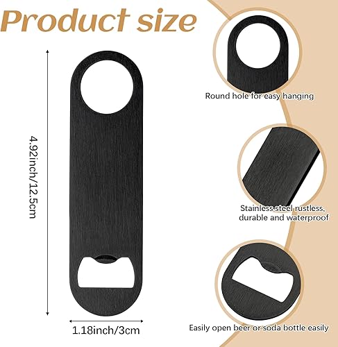 Miniatura 2 de ZCYSRLQIN 24 abridores de botellas planos de 4.9 x 1.18 pulgadas, abridor de botellas de cerveza de acero inoxidable negro, hoja de barra