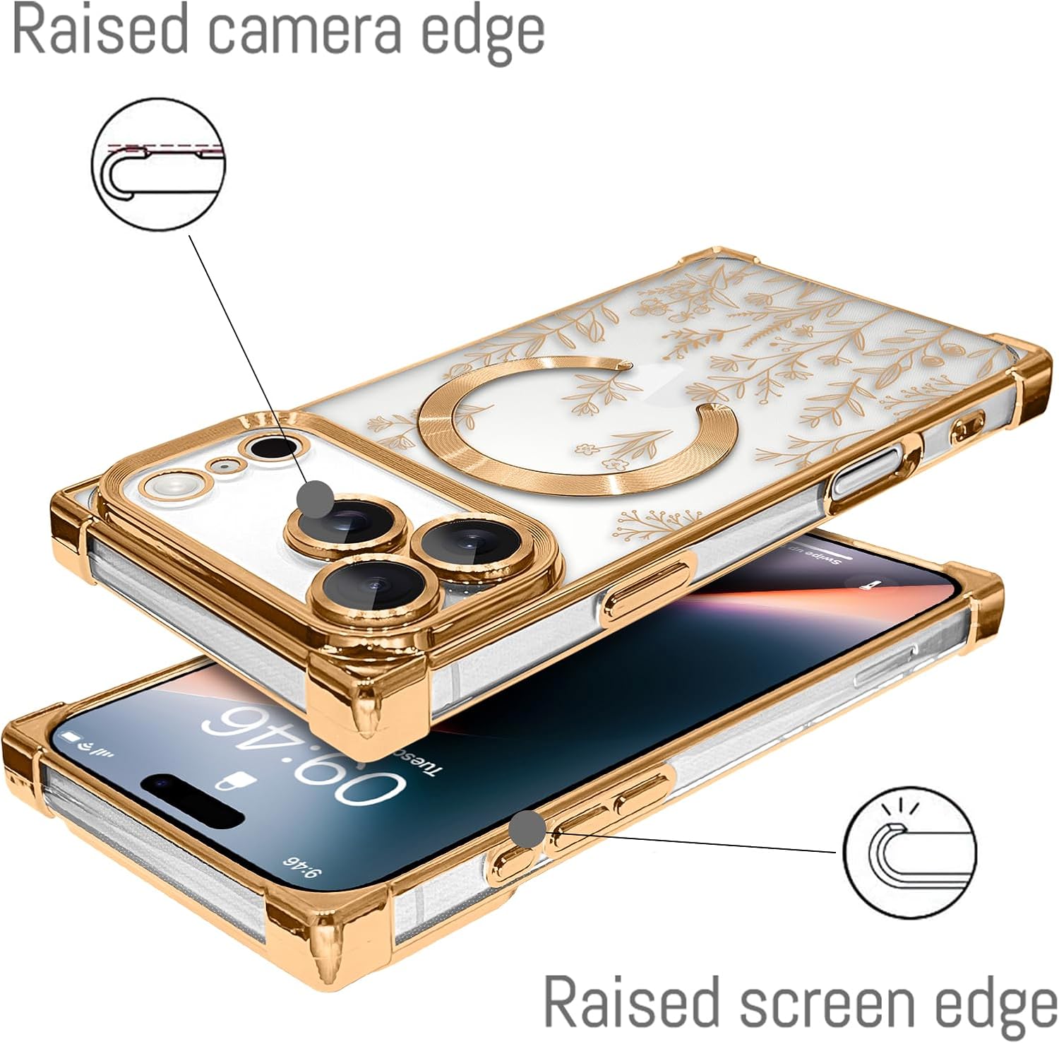 LSL Designed Case for iPhone 17 Pro [Compatible with MagSafe] Flower Pattern Design Soft TPU Anti-Drop Shockproof Protective Slim Luxury Floral Plating Clear Cover - Gold