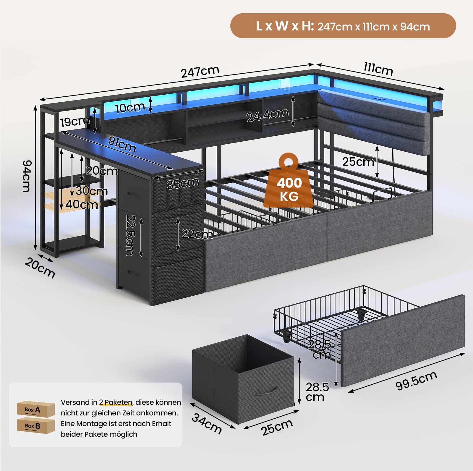 Jugendbett 90x200 mit LED-Beleuchtung und Ladestation |Polsterbett mit 91x35 cm integriertem Schreibtisch |Tagesbett mit gepolstertem Kopfteil |Daybed |Offene Fächer mit Schutzstangen |Schwarz