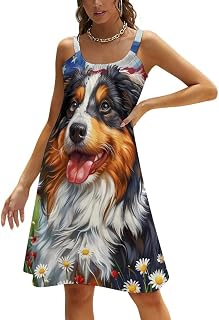 Australian Shepherd American US Flag Women's Summer Dress Suspender Sleeveless Dresses Sundress for Beach Party